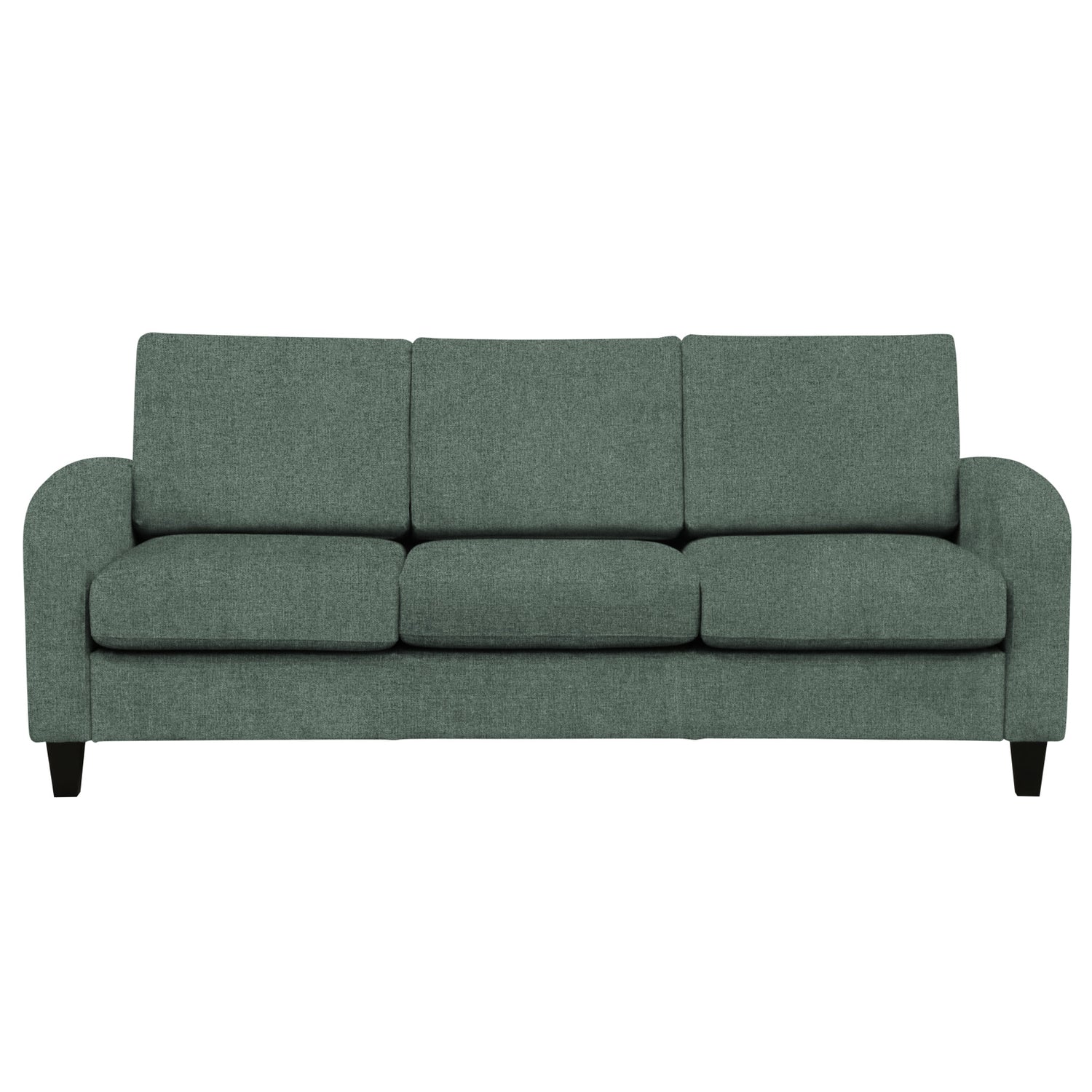 Monika 3-istuttava sohva vihreällä Oasis 10-kangasverhoilulla. Sohvassa on kaarevat käsinojat ja wengen väriset puujalat.