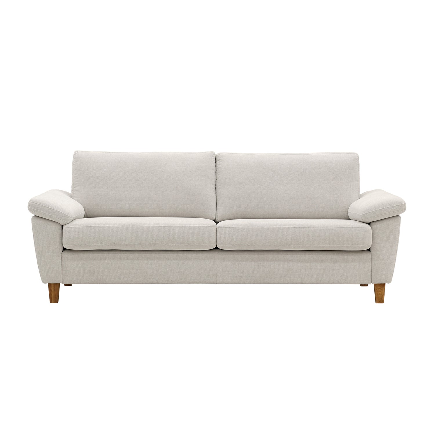 Monika 3-istuttava vaalealla beigellä Oasis 01 -kangasverhoilulla. Sohvassa on KN9-käsinojat ja luonnonväriset puujalat.