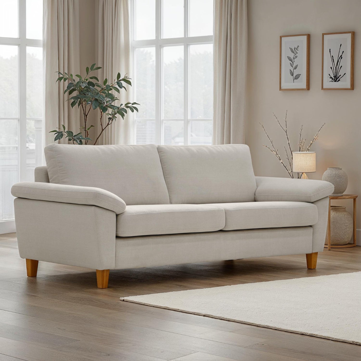 Kuvassa on Monika 3-istuttava vaalealla beigellä Oasis 01 -kangasverhoilulla. Sohvassa on KN9-käsinojat ja luonnonväriset puujalat.