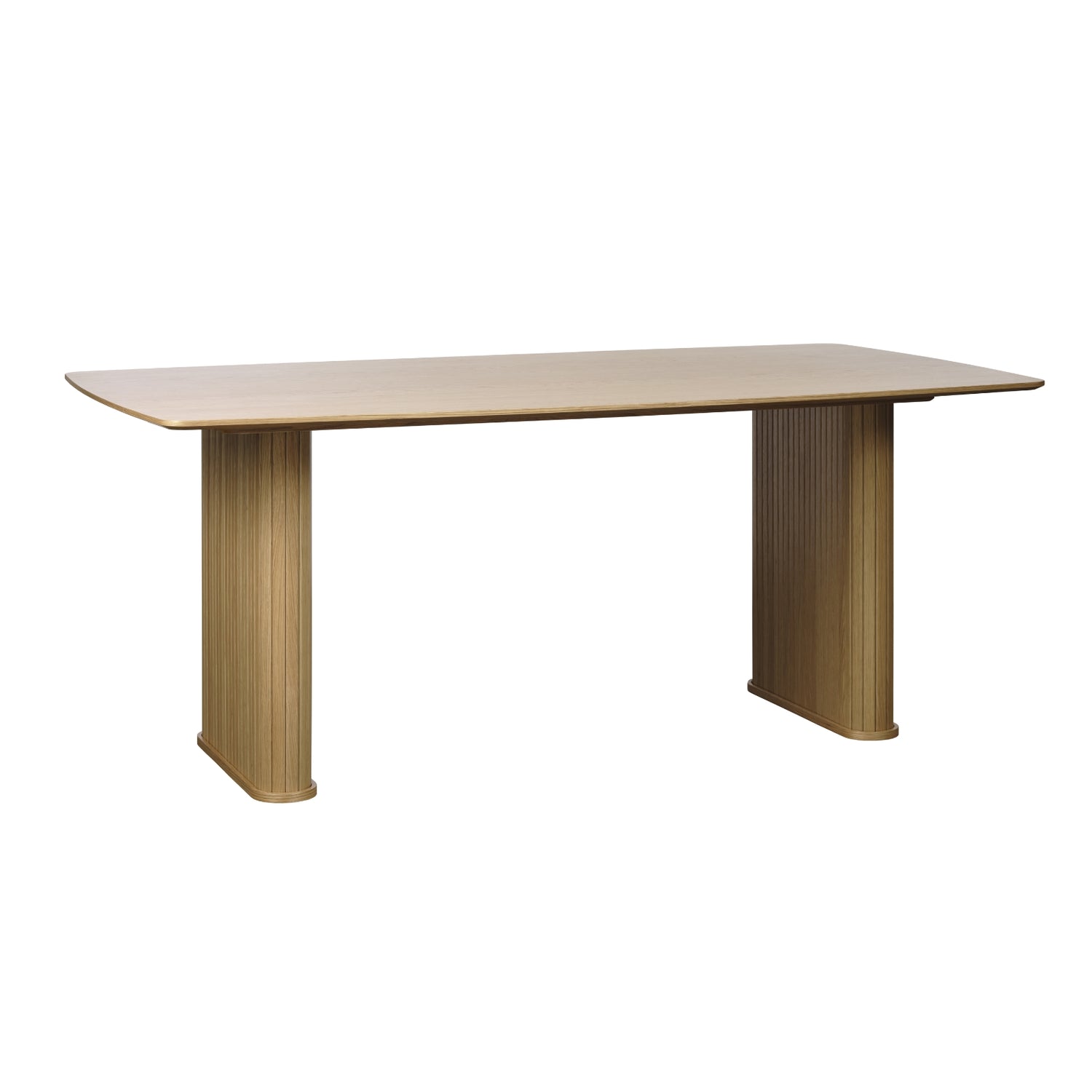 Nola-ruokapöytä, luonnonvärinen tammi. Ruokapöytä on kahdella jykevällä jalalla, johon panelointi on tuomassa ilmettä.