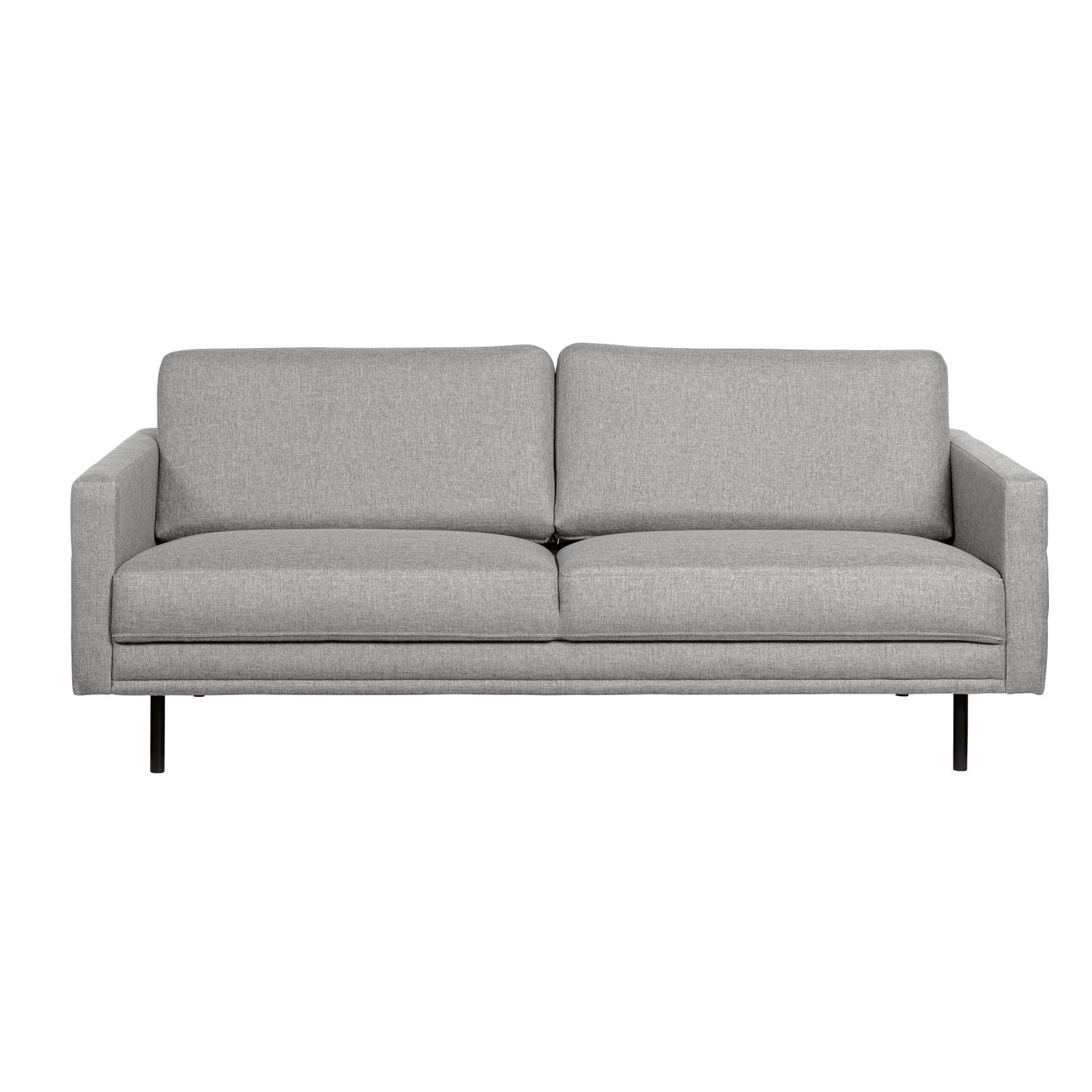 Nauvo-sohva vaaleanharmaalla Suma 17 -kangasverhoilulla ja mustilla metallijaloilla. Sohvan käsinojien sivuilla on raitaompeleet.