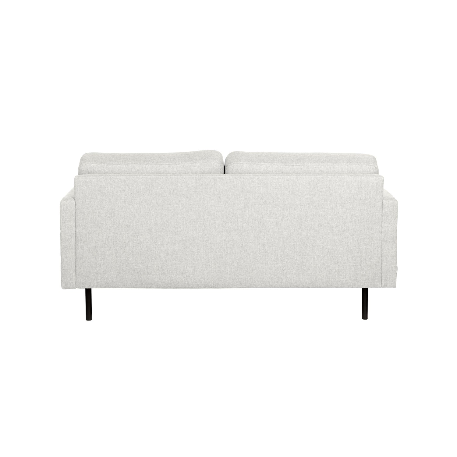 Nauvo 2-istuttava sohva vaalealla Suma 10 -kangasverhoilulla ja mustilla metallijaloilla. Sohvan käsinojien sivuilla on raitaompeleet.