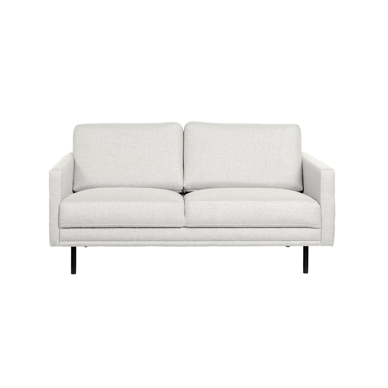 Nauvo 2-istuttava sohva vaalealla Suma 10 -kangasverhoilulla ja mustilla metallijaloilla. Sohvan käsinojien sivuilla on raitaompeleet.