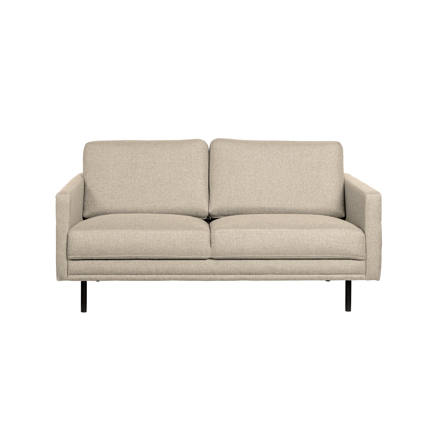 Nauvo 2-istuttava sohva beigellä Suma 16 -kangasverhoilulla ja mustilla metallijaloilla. Sohvan käsinojien sivuilla on raitaompeleet.