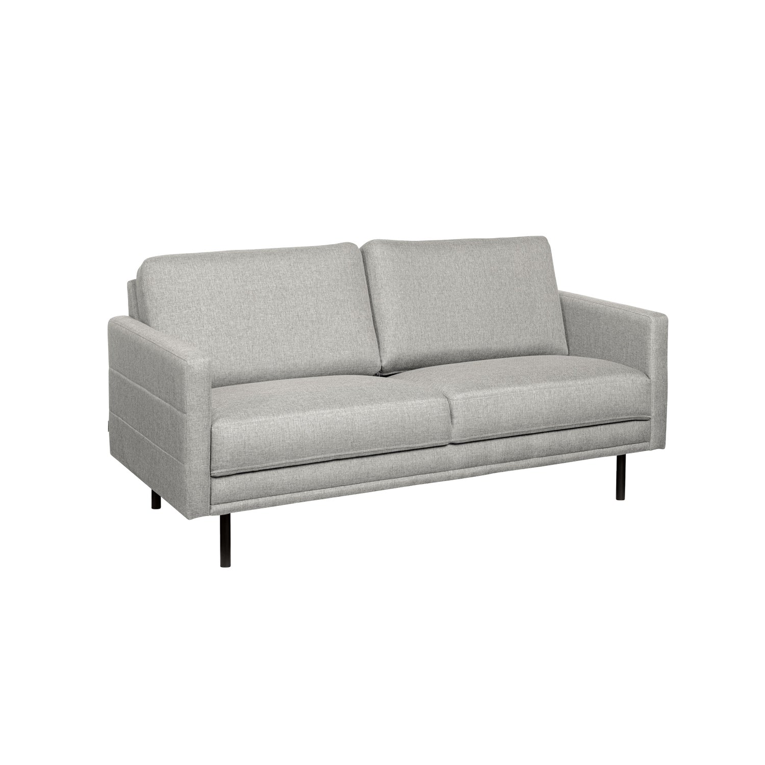 Nauvo 2-istuttava sohva vaaleanharmaalla Suma 17 -kangasverhoilulla ja mustilla metallijaloilla. Sohvan käsinojien sivuilla on raitaompeleet.