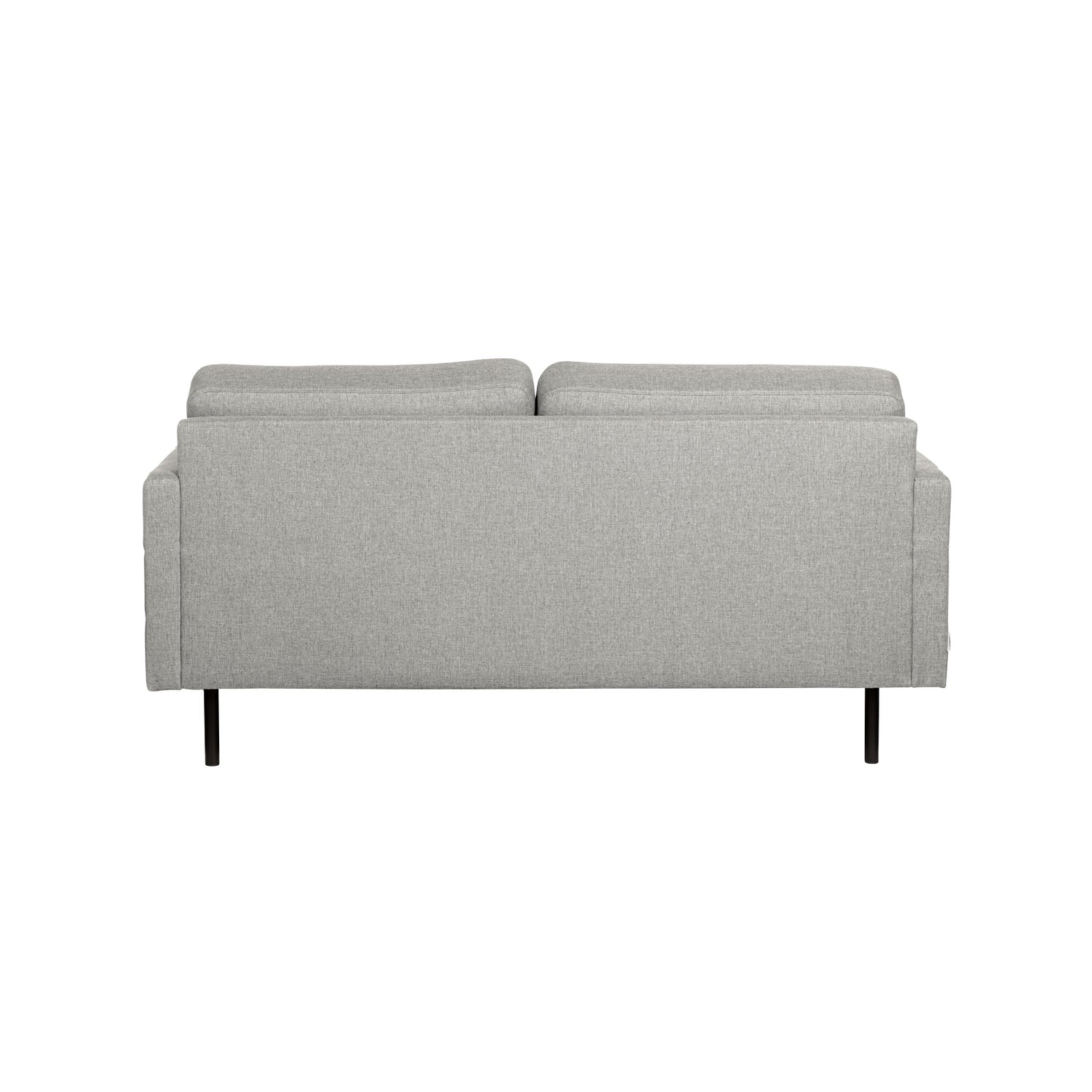 Nauvo 2-istuttava sohva vaaleanharmaalla Suma 17 -kangasverhoilulla ja mustilla metallijaloilla. Sohvan käsinojien sivuilla on raitaompeleet.