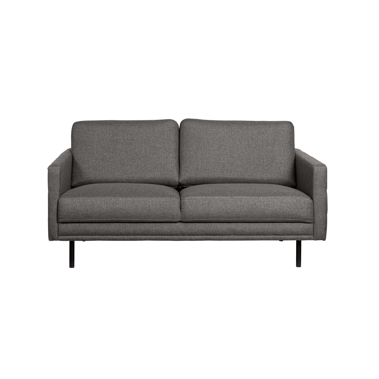 Nauvo 2-istuttava sohva tummanharmaalla Suma 7 -kangasverhoilulla ja mustilla metallijaloilla. Sohvan käsinojien sivuilla on raitaompeleet.