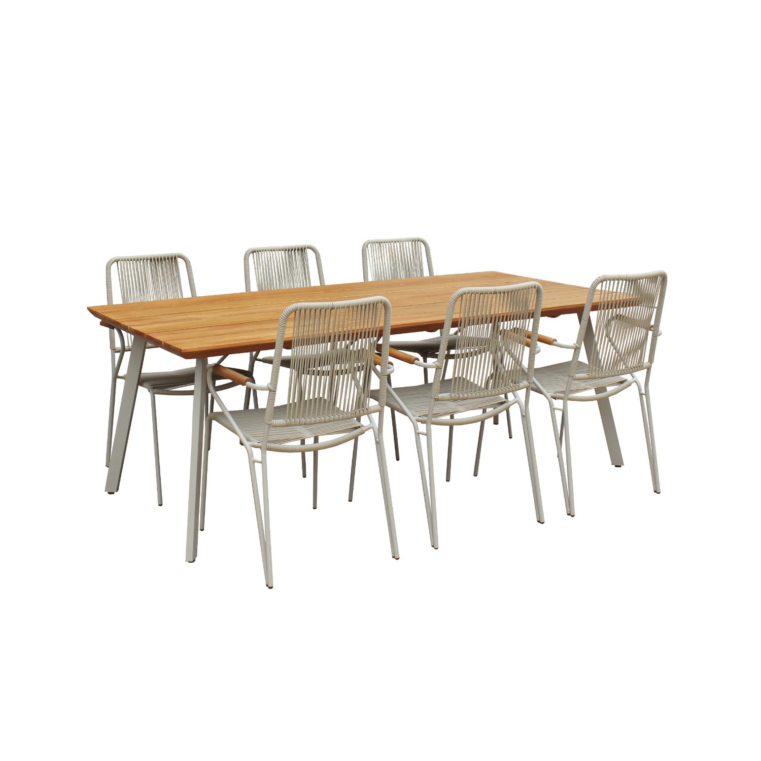 Kuvassa on koottu ruokaryhmä 200 x 100 cm beigerunkoisesta Kesähelmi-ruokapöydästä, sekä kuudesta erikseen myytävästä Kesähelmi-tuolista.