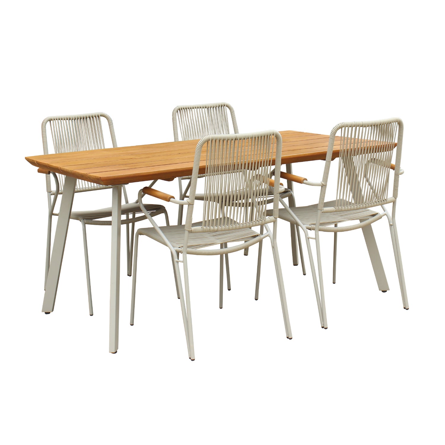 Kesähelmi-ruokapöytä 150 x 90 cm eukalyptuspuukannella ja beigeillä jaloilla, sekä 4 beigeä Kesähelmi-tuolia.