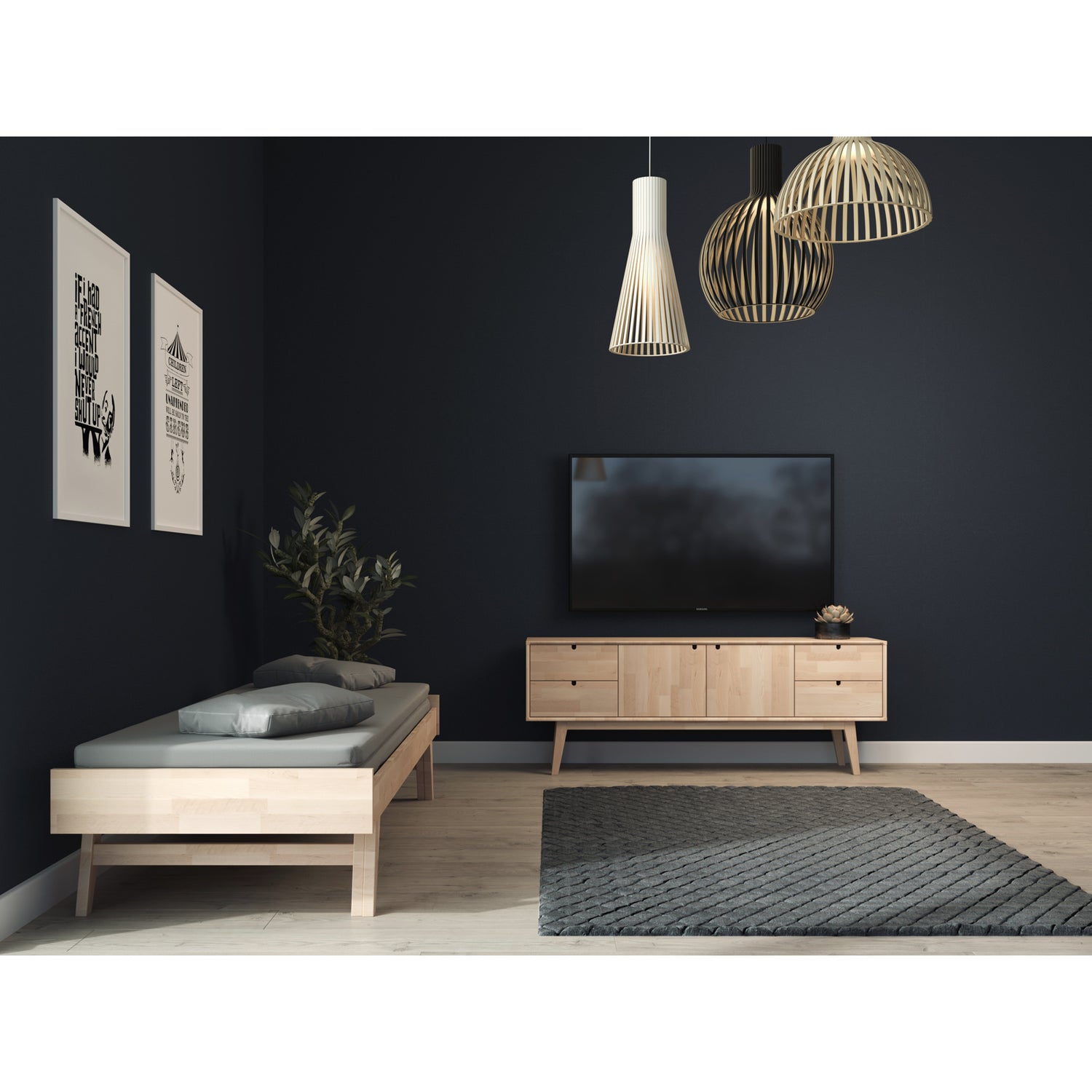 Notte-divaanirakenteinen puusohva harmaalla Levon-taittopatjasarjalla. Patjasarjat myydään erikseen. (Kuvassa myös Notte-tv-taso, myydään erikseen).