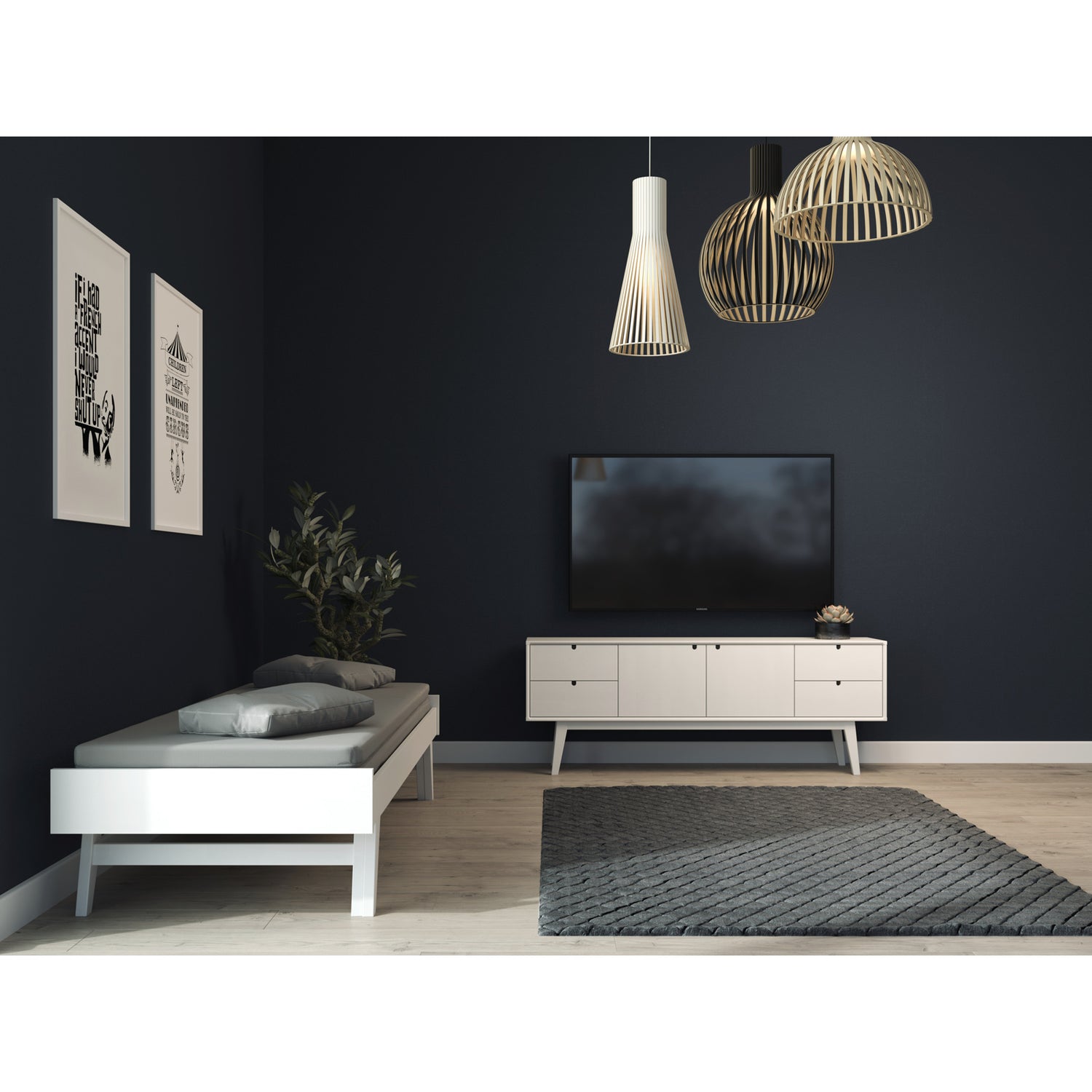 Valkoinen Notte-divaanirakenteinen puusohva harmaalla Levon-taittopatjasarjalla. Patjasarjat myydään erikseen. (Kuvassa myös Notte-tv-taso, myydään erikseen).