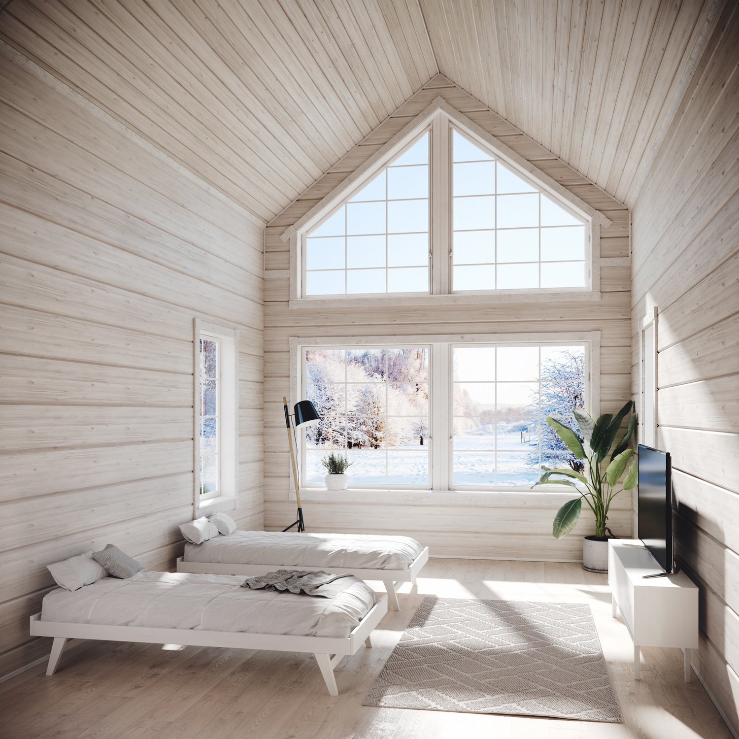 Valkoiset Notte-runkosängyt. Kuvassa olevat patjat ja petivaatteet eivät kuulu sängyn hintaan, ne myydään erikseen. (Kuvassa myös Notte-senkki, myydään erikseen)