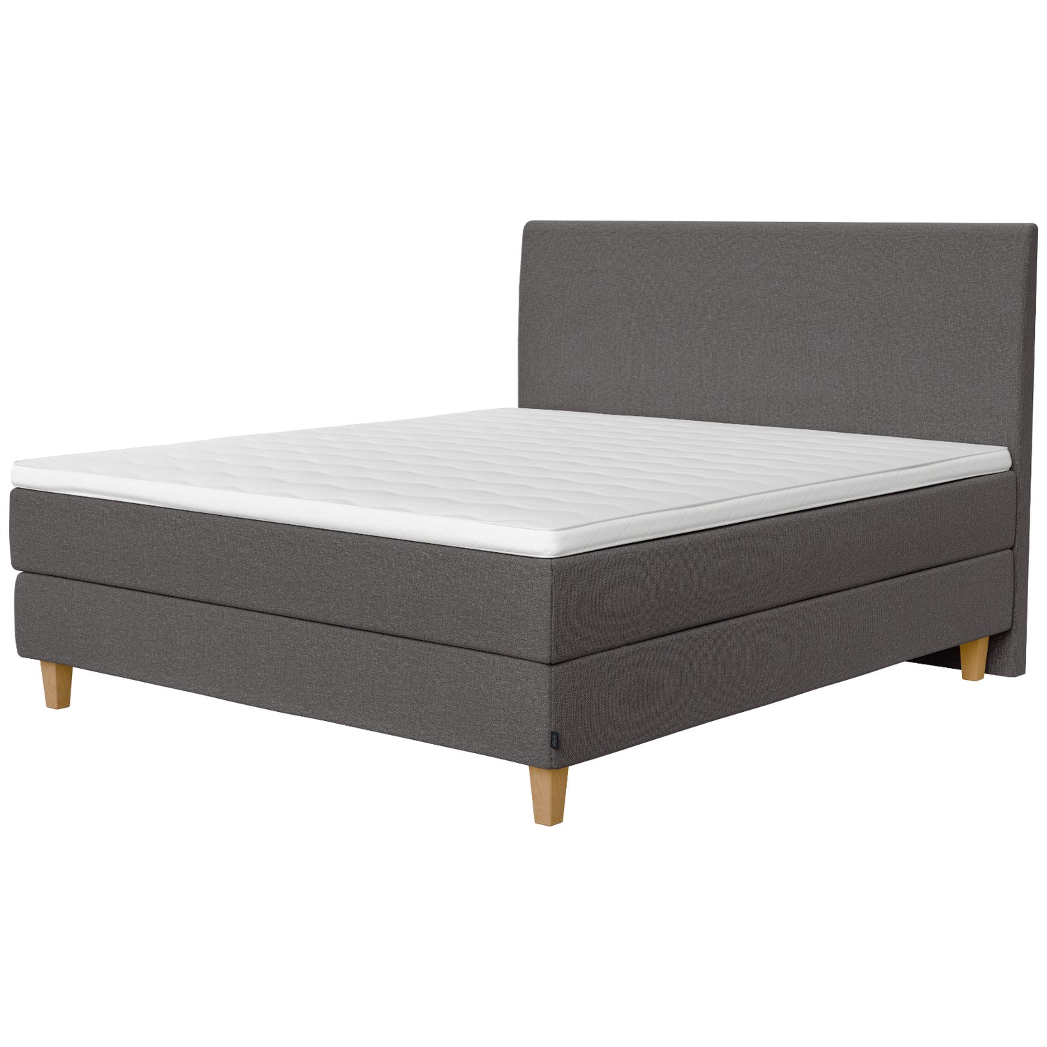 Jensen Onyx -jenkkisängyn harmaan 173 verhoiluväri ja nelikulmaiset 14 cm korkeat luonnonväriset tammijalat. TempSmart-sijauspatja ja jalat sisältyvät hintaan.