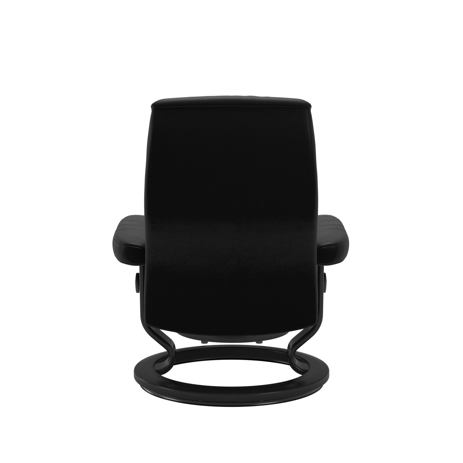 Stressless Opal M -lepotuoli mustana: Black 19 Batick-nahkaverhoilulla ja musta petsatulla -Classic-puujalustalla.