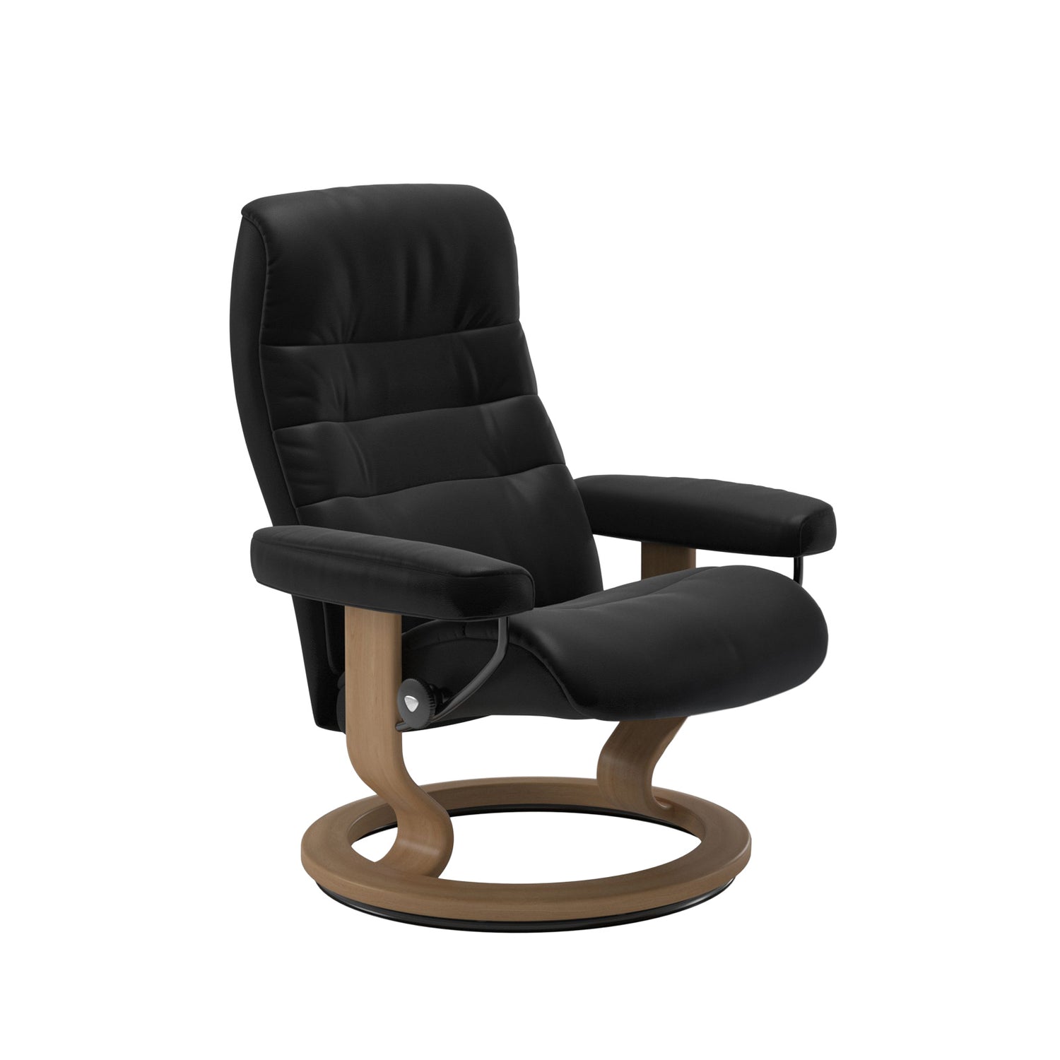 Stressless Opal M -lepotuoli mustana: Black 19 Batick-nahkaverhoilulla ja tammi petsatulla -Classic-puujalustalla.