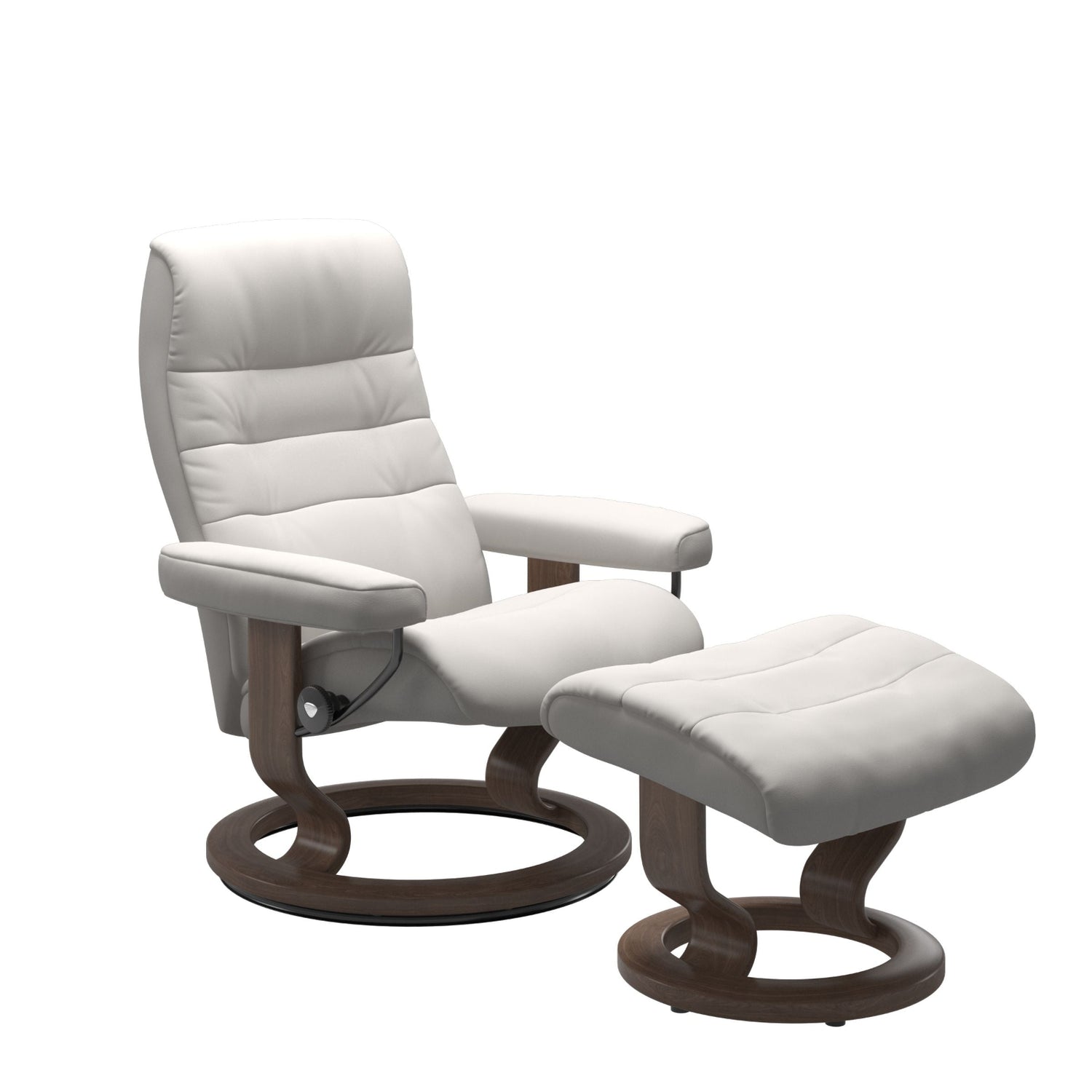 Stressless Opal M -lepotuoli ja rahi valkoisena: Milky White 05 Batick -nahkaverhoilulla ja pähkinä petsatulla -Classic-puujalustalla.