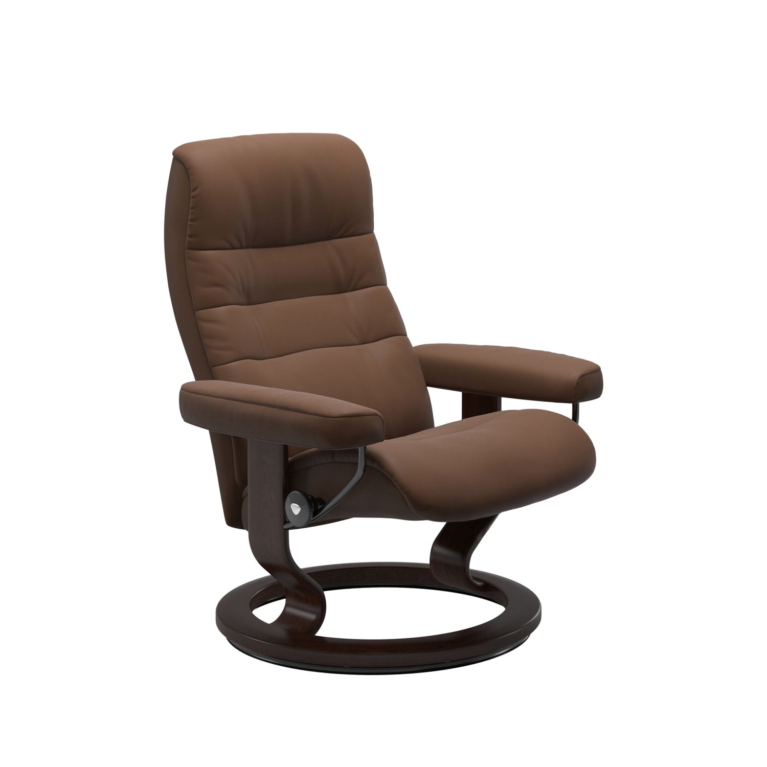 Stressless Opal M -lepotuoli ruskeana: Warm Brown 87 Batick-nahkaverhoilulla ja ruskea petsatulla -Classic-puujalustalla.
