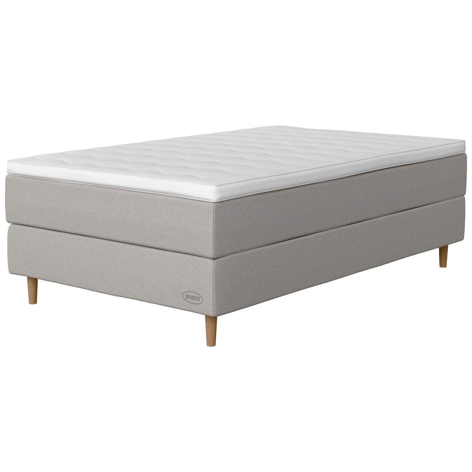 Jensen Opal -jenkkisängyn vaaleanharmaa Light Grey 186 verhoilu ja 14 cm korkeat luonnonväriset Conic-tammijalat. Sleep 2 -sijauspatja ja jalat sisältyvät hintaan.