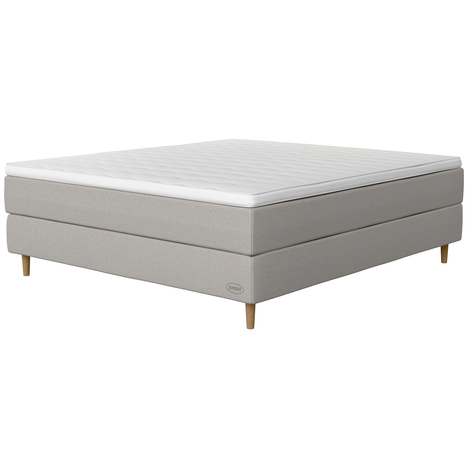 Jensen Opal -jenkkisängyn vaaleanharmaa Light Grey 186 verhoilu ja 14 cm korkeat luonnonväriset Conic-tammijalat. Sleep 2 -sijauspatja ja jalat sisältyvät hintaan.