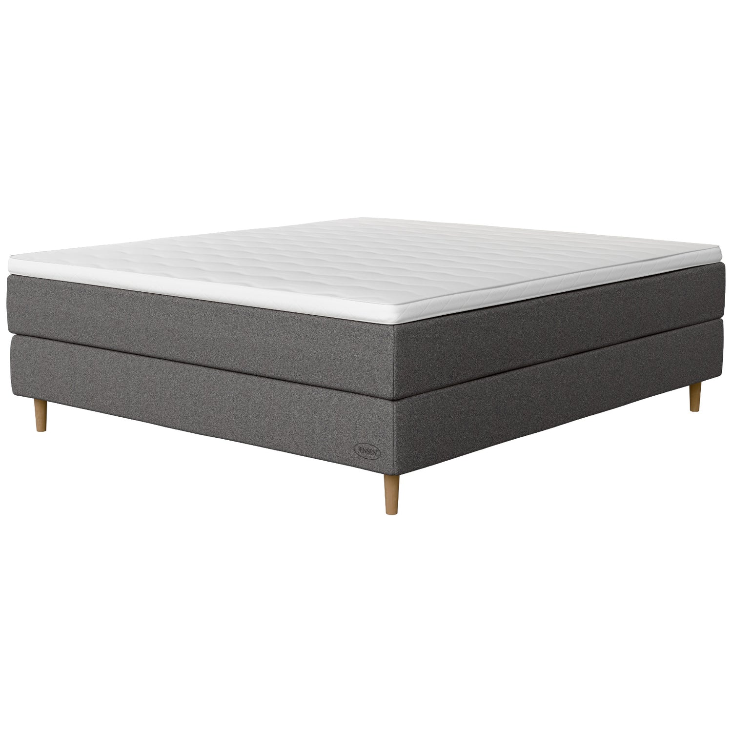 Jensen Opal -jenkkisängyn harmaa Grey 187 verhoilu ja 14 cm korkeat luonnonväriset Conic-tammijalat. Sijauspatja ja jalat sisältyvät hintaan.