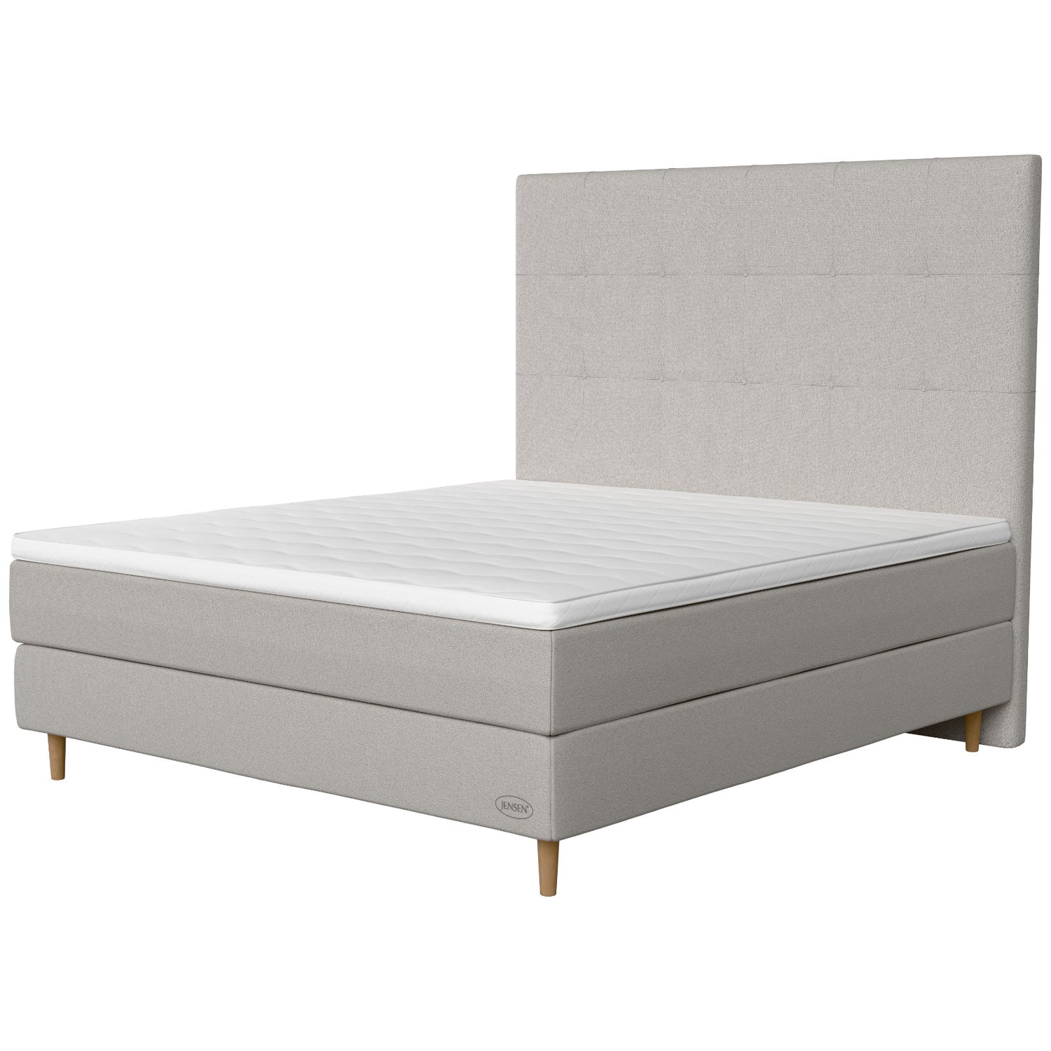 Jensen Opal -jenkkisängyn vaaleanharmaa Light Grey 186 verhoilu ja 14 cm korkeat luonnonväriset Conic-tammijalat. Sleep 2 -sijauspatja ja jalat sisältyvät hintaan. Jensen-sängynpääty myydään erikseen.