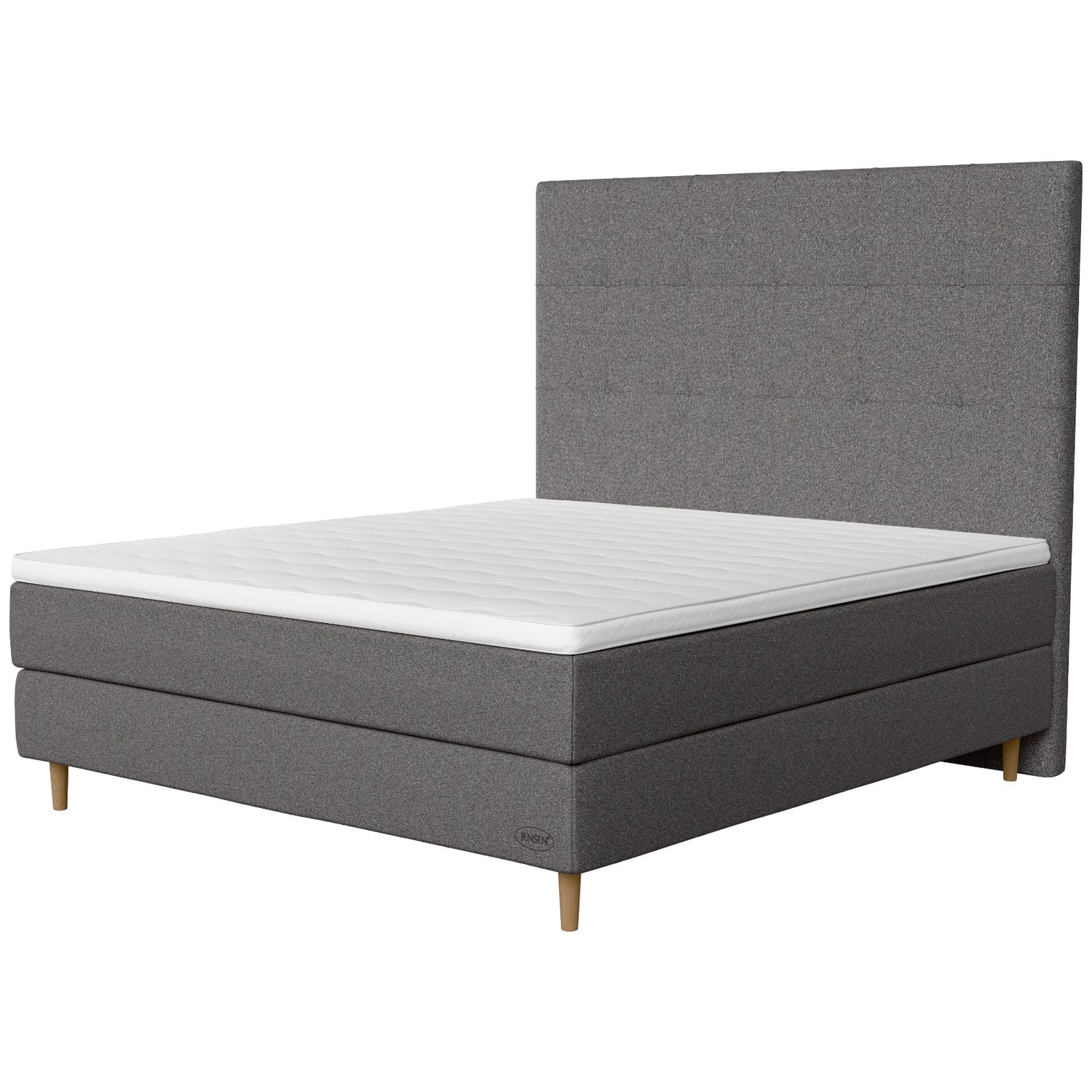 Jensen Opal -jenkkisängyn harmaa Grey 187 verhoilu ja 14 cm korkeat luonnonväriset Conic-tammijalat. Sijauspatja ja jalat sisältyvät hintaan. Jensen-sängynpääty myydään erikseen.