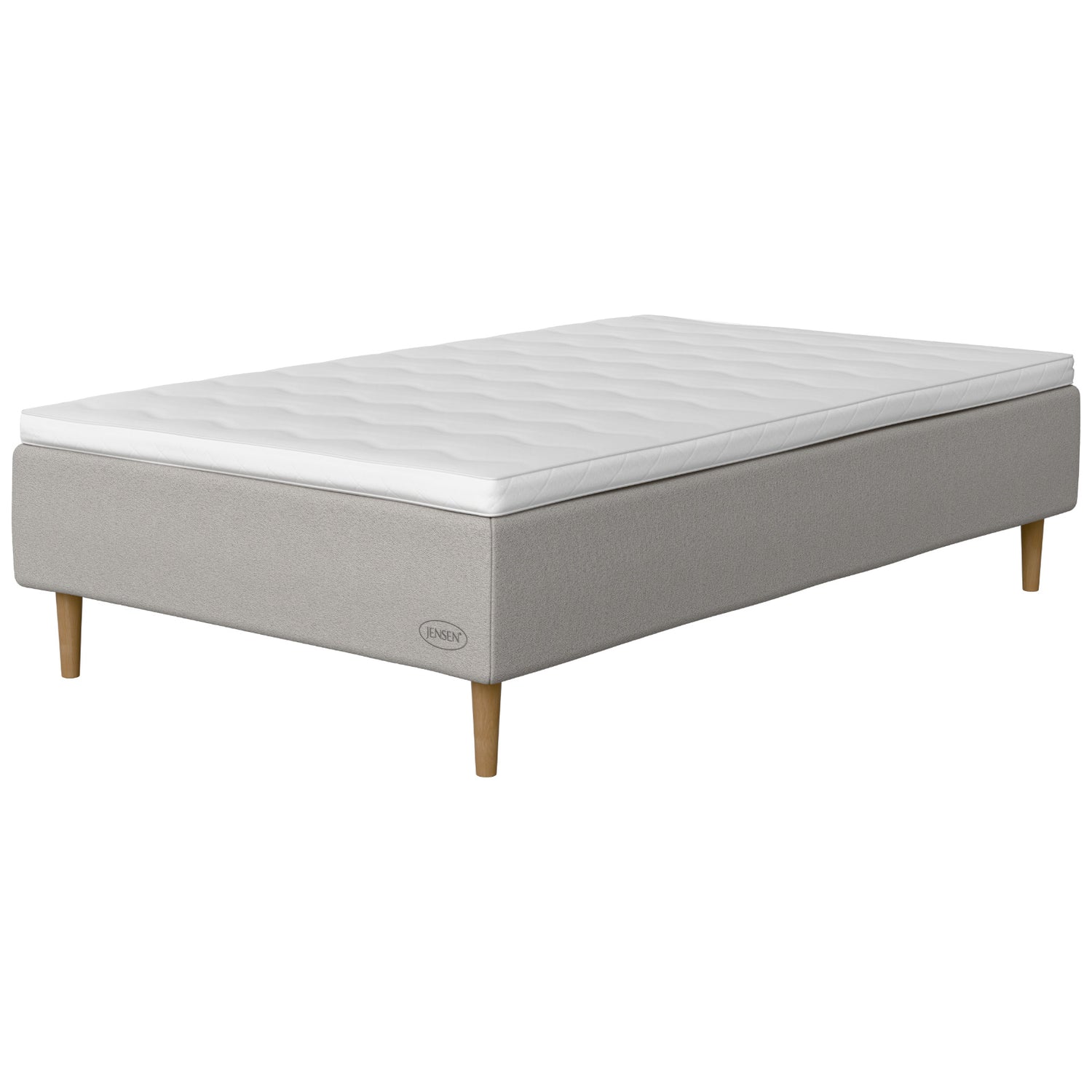 Jensen Opal -runkopatjasängyn vaaleanharmaa Light Grey 186 -verhoilu ja luonnonväriset 18 cm korkeat Conic-tammijalat. Sijauspatja ja jalat sisältyvät hintaan.