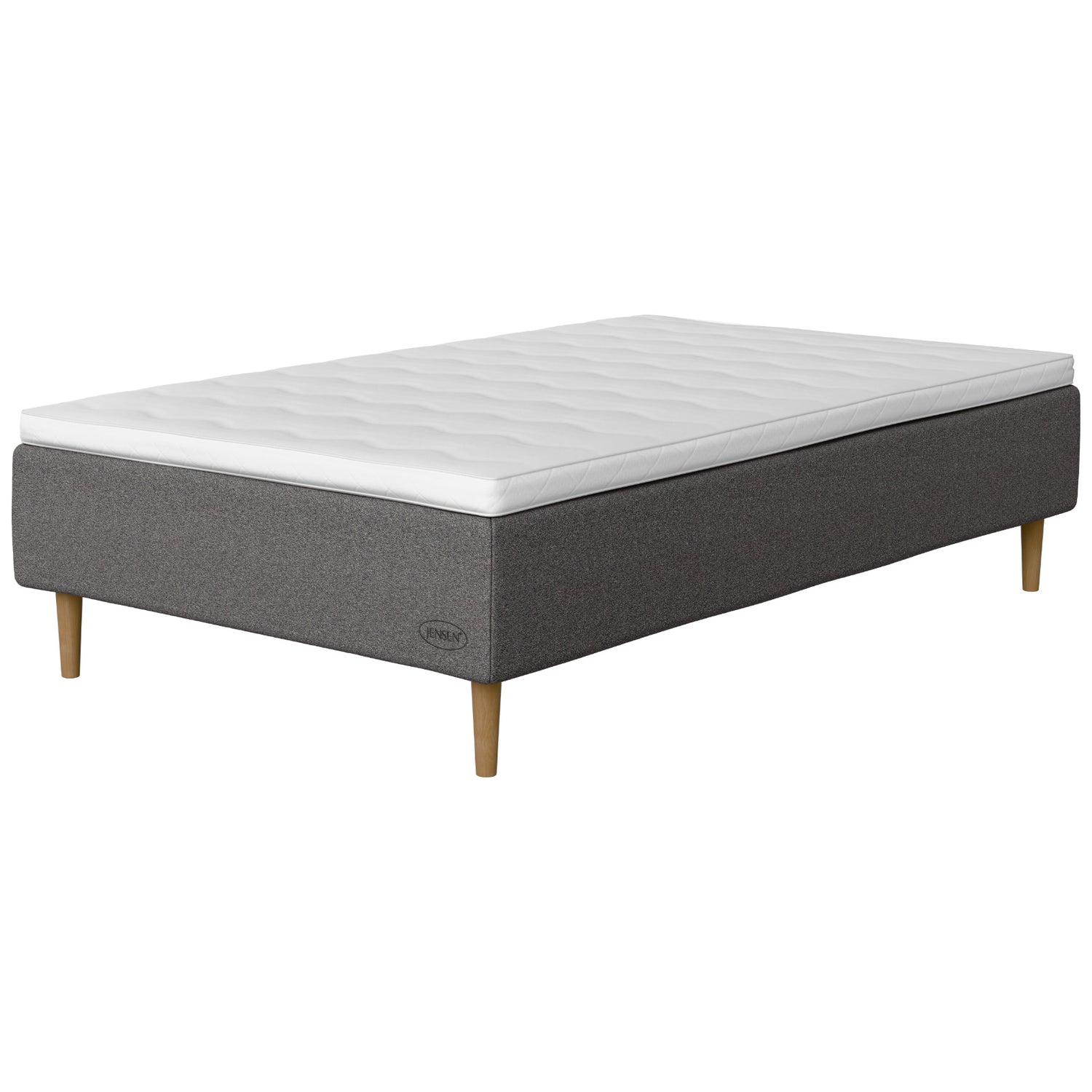 Jensen Opal -runkopatjasängyn harmaa Grey 187 -verhoilu ja luonnonväriset 18 cm korkeat Conic-tammijalat. Sijauspatja ja jalat sisältyvät hintaan.