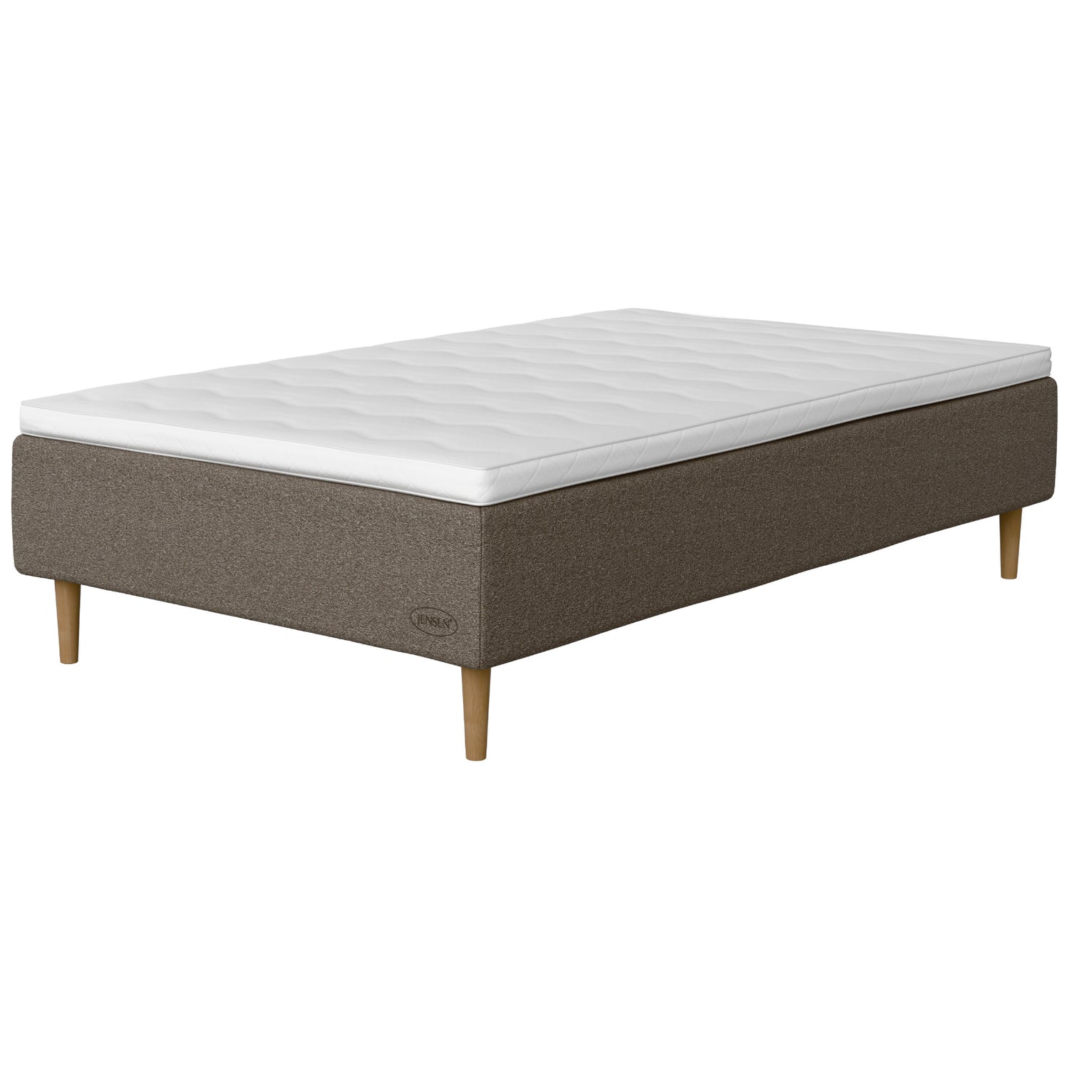 Jensen Opal -runkopatjasängyn harmaanruskea Grey Brown 188 -verhoilu ja luonnonväriset 18 cm korkeat Conic-tammijalat. Sijauspatja ja jalat sisältyvät hintaan.