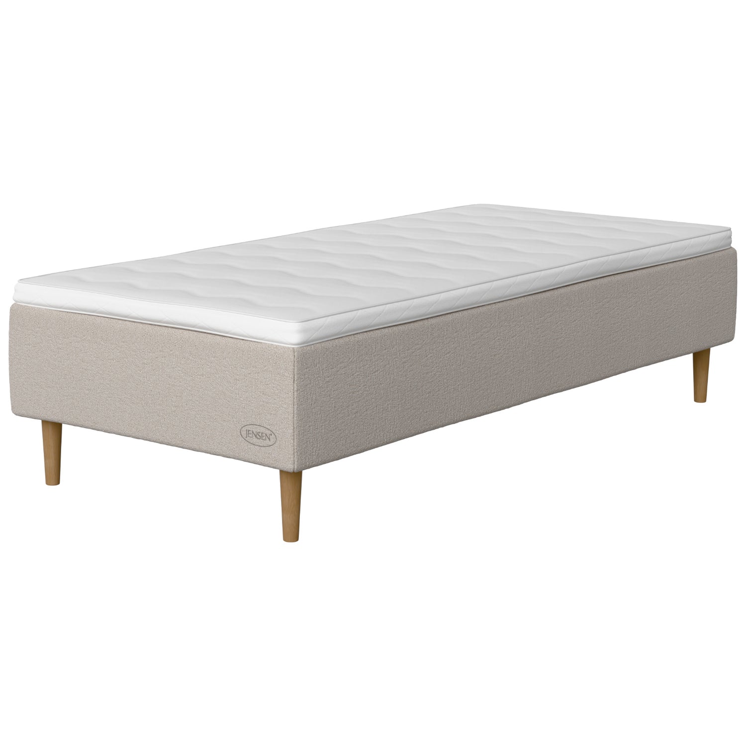 Jensen Opal -runkopatjasängyn hiekanvärinen Sand 185 -verhoilu ja luonnonväriset 18 cm korkeat Conic-tammijalat. Sijauspatja ja jalat sisältyvät hintaan.