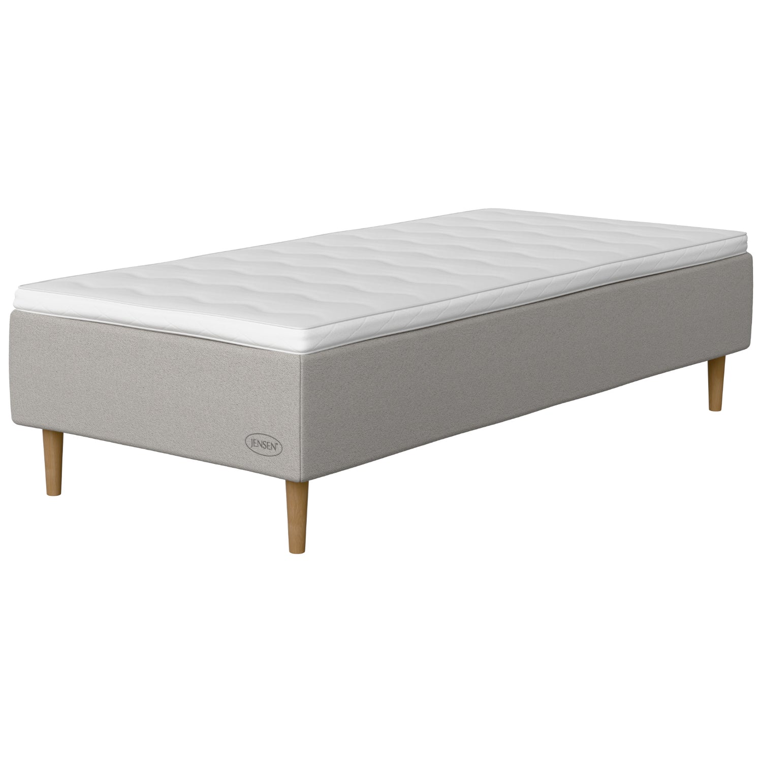 Jensen Opal -runkopatjasängyn vaaleanharmaa Light Grey 186 -verhoilu ja luonnonväriset 18 cm korkeat Conic-tammijalat. Sijauspatja ja jalat sisältyvät hintaan.