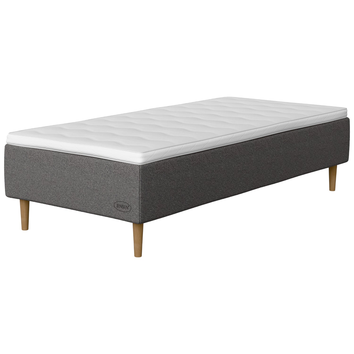 Jensen Opal -runkopatjasängyn harmaa Grey 187 -verhoilu ja luonnonväriset 18 cm korkeat Conic-tammijalat. Sijauspatja ja jalat sisältyvät hintaan.