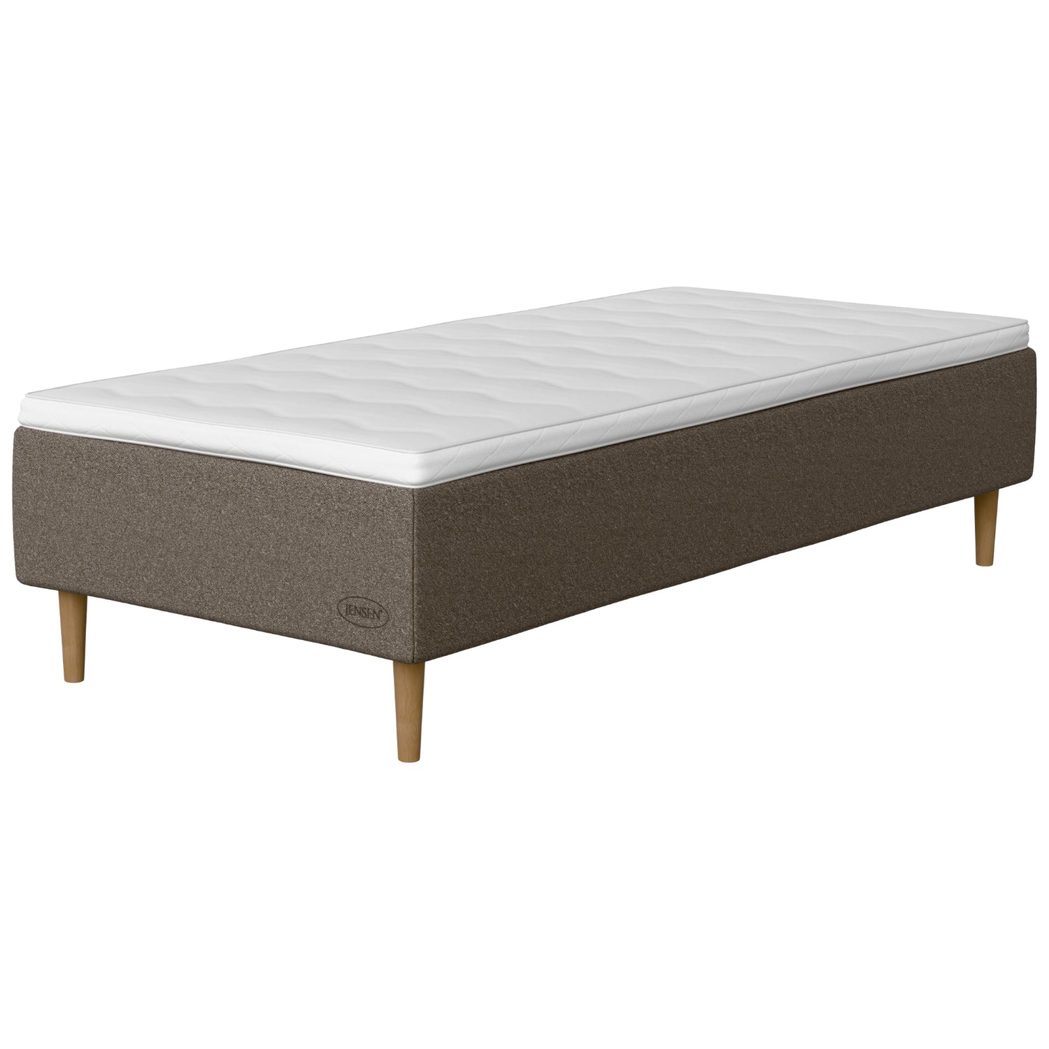 Jensen Opal -runkopatjasängyn harmaanruskea Grey Brown 188 -verhoilu ja luonnonväriset 18 cm korkeat Conic-tammijalat. Sijauspatja ja jalat sisältyvät hintaan.