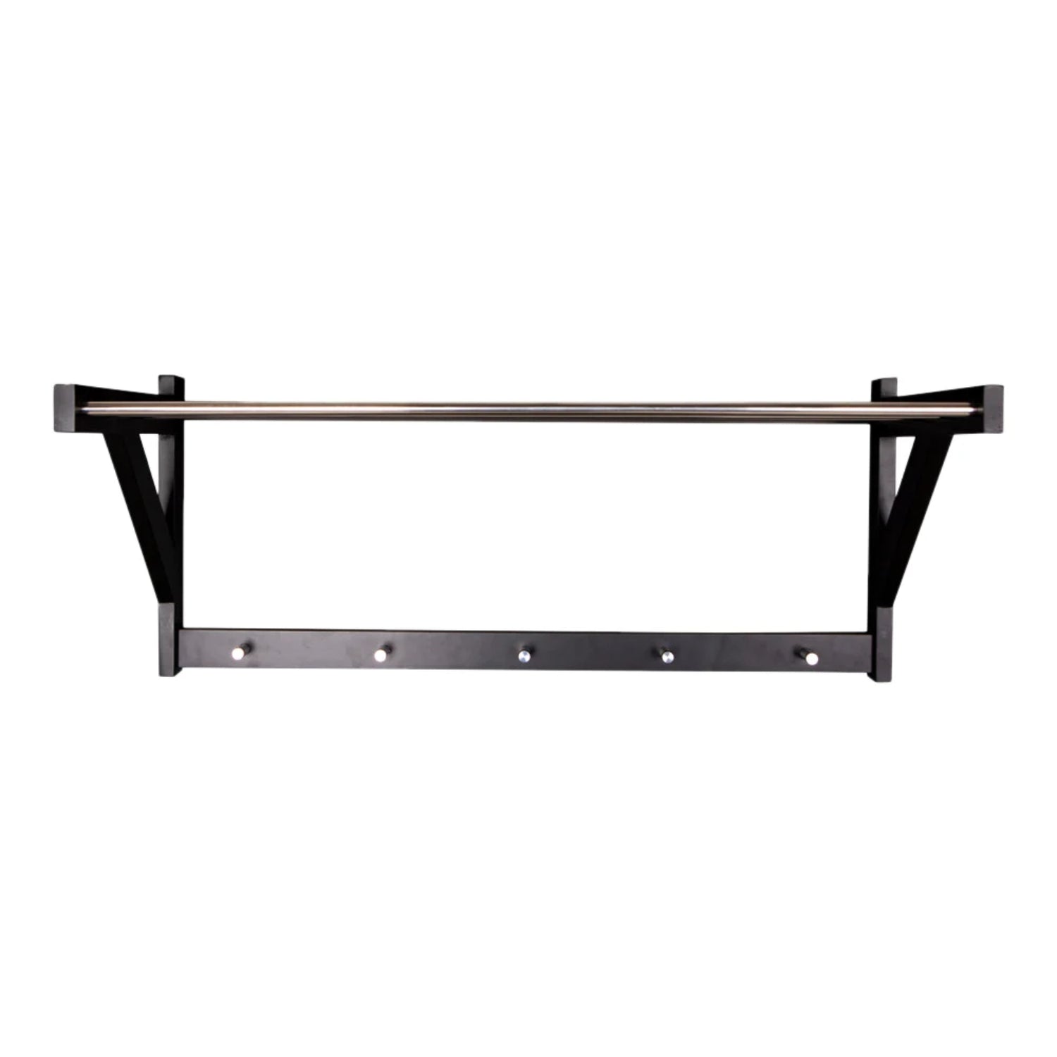 Mustassa Padova-hattuhyllyssä on metalliset hyllyt ja naulakot.