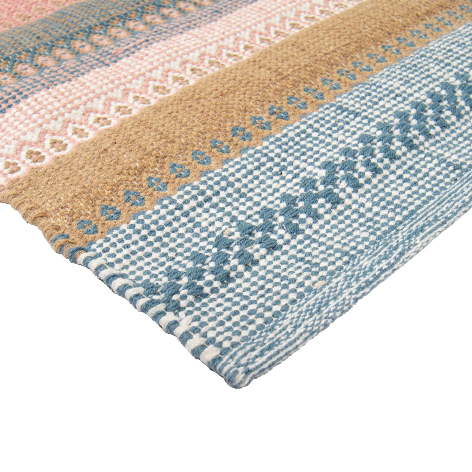 Polkka-puuvillamatto, lähikuvassa sinisen sävyinen sininen-roosa väri.