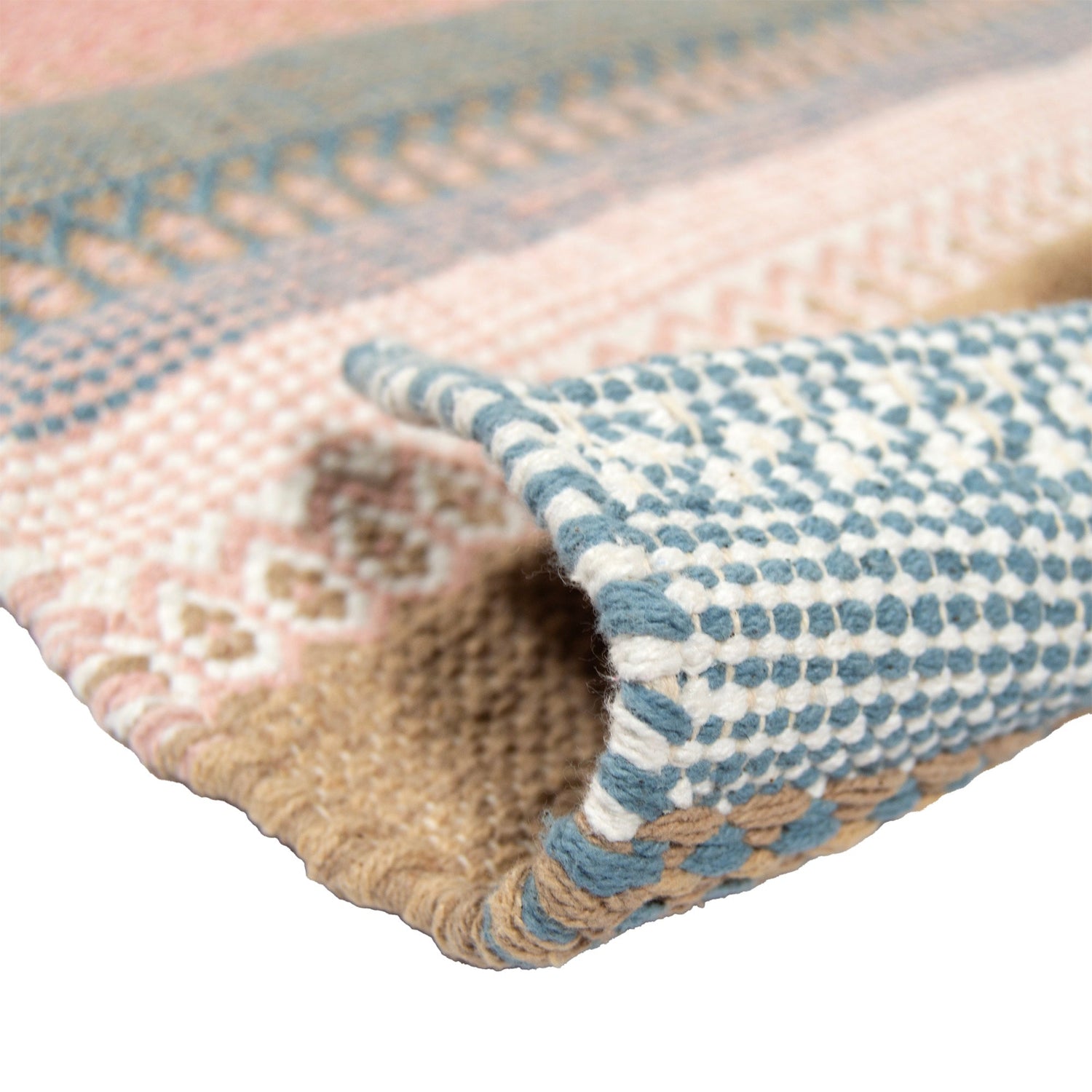 Polkka-puuvillamatto, lähikuvassa sinisen sävyinen sininen-roosa väri ja maton pohjaa.
