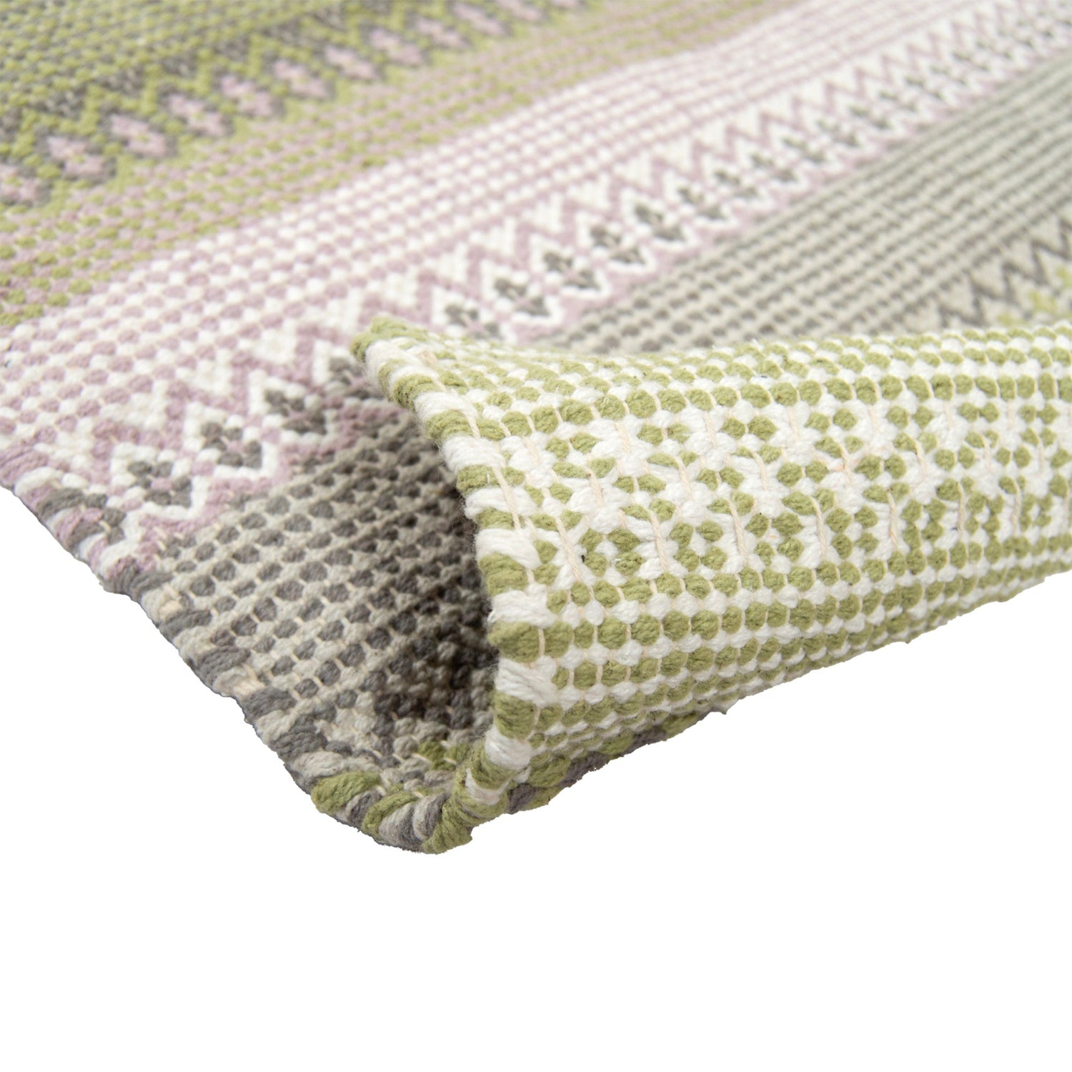 Polkka-puuvillamatto, lähikuvassa keltaisen sävyinen vihreä-keltainen väri ja maton pohjaa.