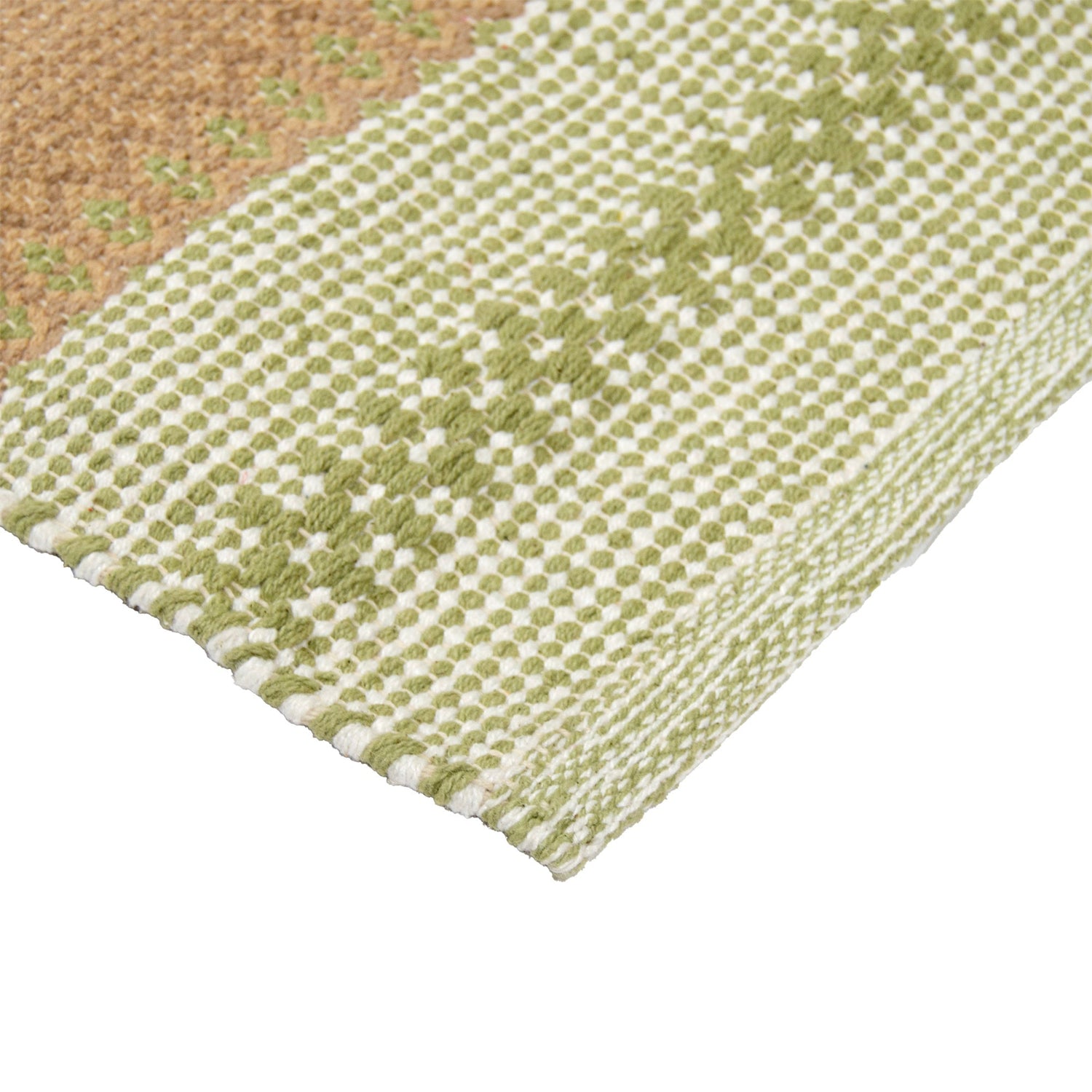 Polkka-puuvillamatto, lähikuvassa oranssin sävyinen vihreä-oranssi väri.