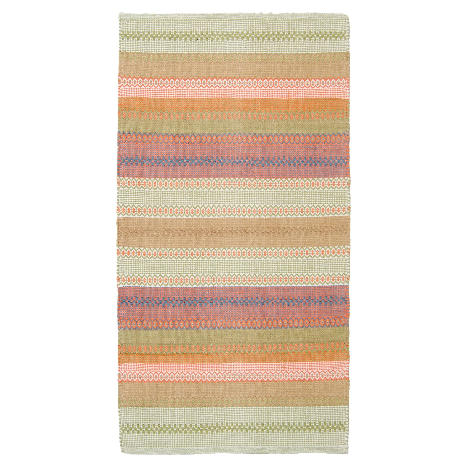 Polkka-puuvillamatto, kuvassa oranssin sävyinen vihreä-oranssi väri.