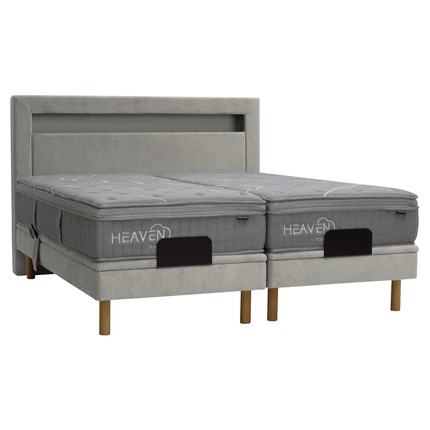 Kuvassa on beige Heaven By Unico Prestige -moottorisänkypaketti. Pakettiin kuuluu 2 kpl Suomessa valmistettua, säädettävää beigeä Tunnel 01 - kangasverhoiltua Lounge-moottorisänkyrunkoa, sekä Prestige-patjat. Kuvan beige Diamond-sängynpääty myydään erikseen.