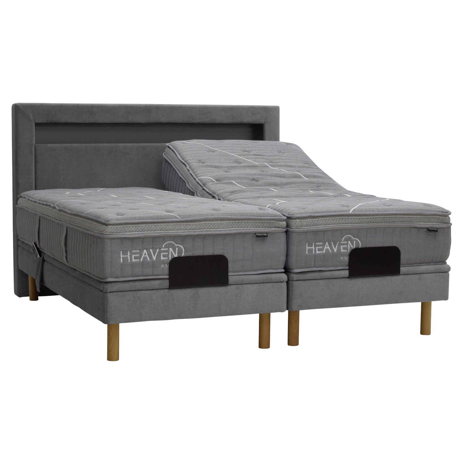 Kuvassa on harmaa Heaven By Unico Prestige -moottorisänkypaketti. Pakettiin kuuluu 2 kpl Suomessa valmistettua, säädettävää harmaata Tunnel 17 - kangasverhoiltua Lounge-moottorisänkyrunkoa, sekä Prestige-patjat. Kuvan harmaa Diamond-sängynpääty myydään erikseen.