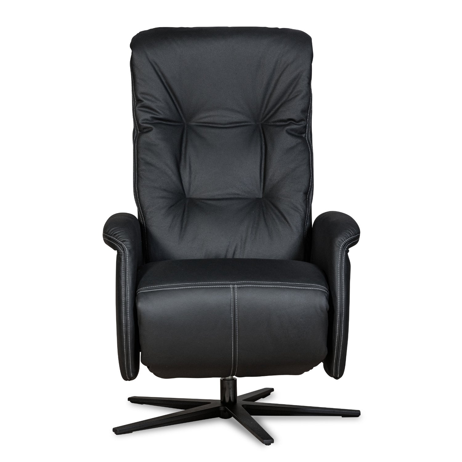 Recliner 10 -tuoli kokomustana täysnahkaverhoilulla ja alumiinijalalla. Mekanismituoli on malliltaan siro ja kapea recliner mm. pyörintämekanismilla.