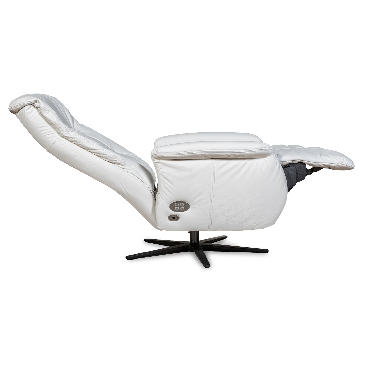 Recliner 10 -tuoli valkoisella täysnahkaverhoilulla ja mustalla alumiinijalalla. Mekanismituoli on malliltaan siro ja kapea recliner mm. pyörintämekanismilla. Pyörivässä lepotuolissa on selkänojan kallistusmekanismi, nouseva jalkarahi ja säädettävä niskatuki.