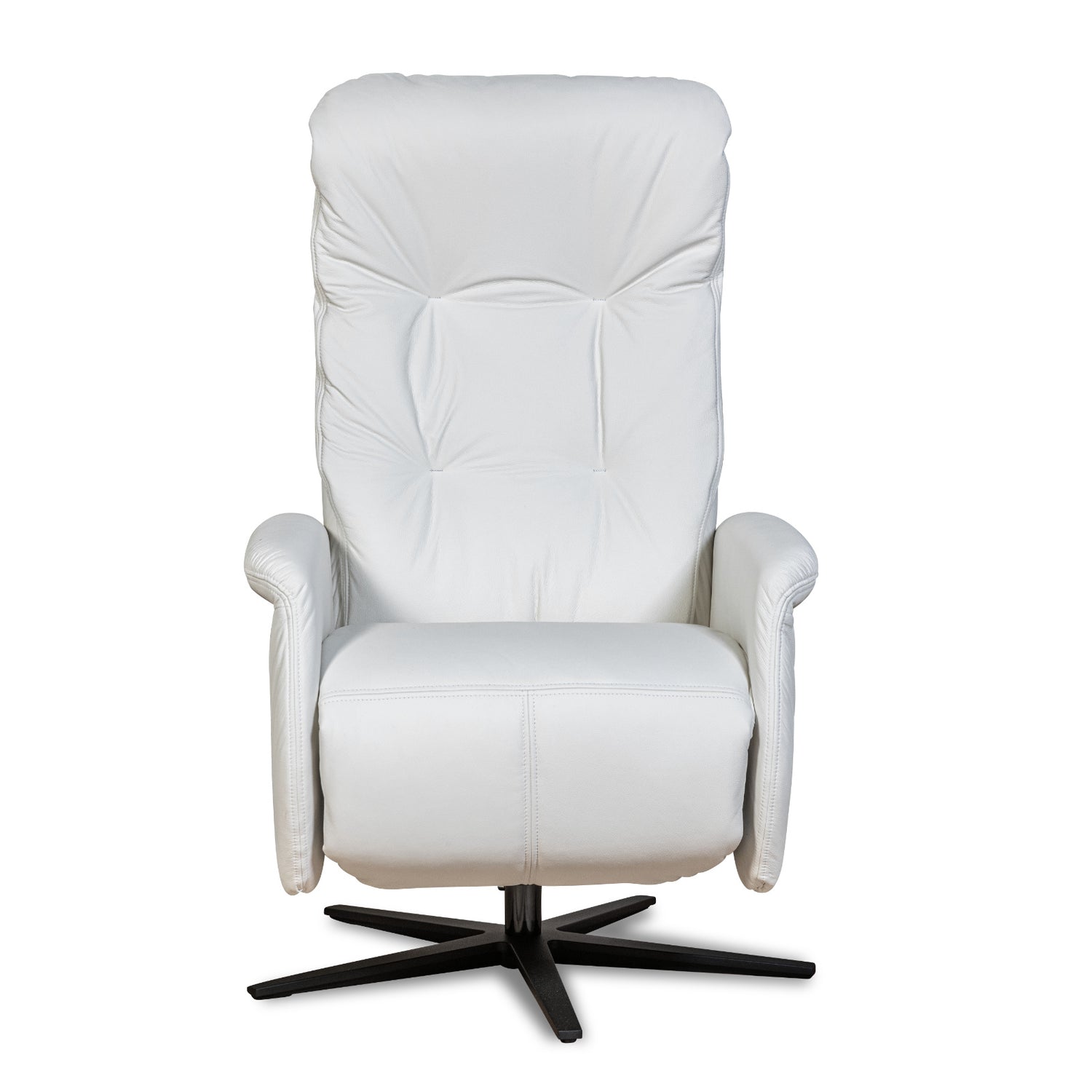 Recliner 10 -tuoli valkoisella täysnahkaverhoilulla ja mustalla alumiinijalalla. Mekanismituoli on malliltaan siro ja kapea recliner mm. pyörintämekanismilla.