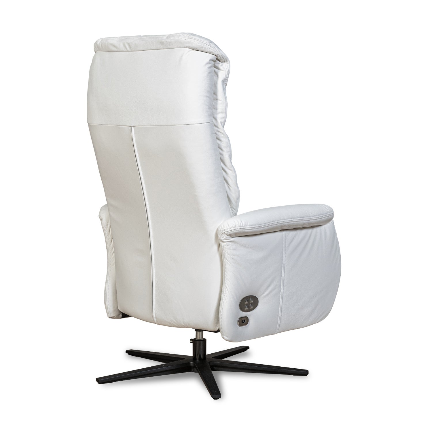 Recliner 10 -tuoli valkoisella täysnahkaverhoilulla ja mustalla alumiinijalalla. Mekanismituoli on malliltaan siro ja kapea recliner mm. pyörintämekanismilla.