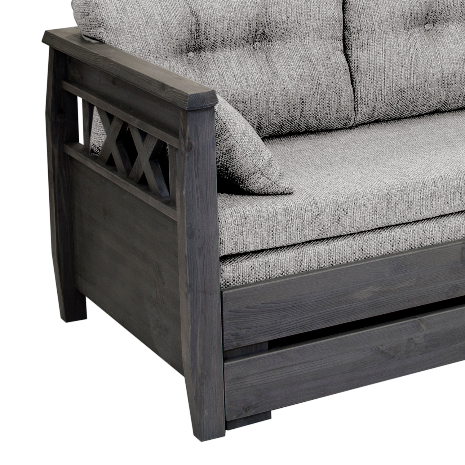 Reimari-laverisohva, harmaa. Kuvassa oleva beigen värinen Hygge-kankainen Kolmi-patjasarja myydään erikseen.