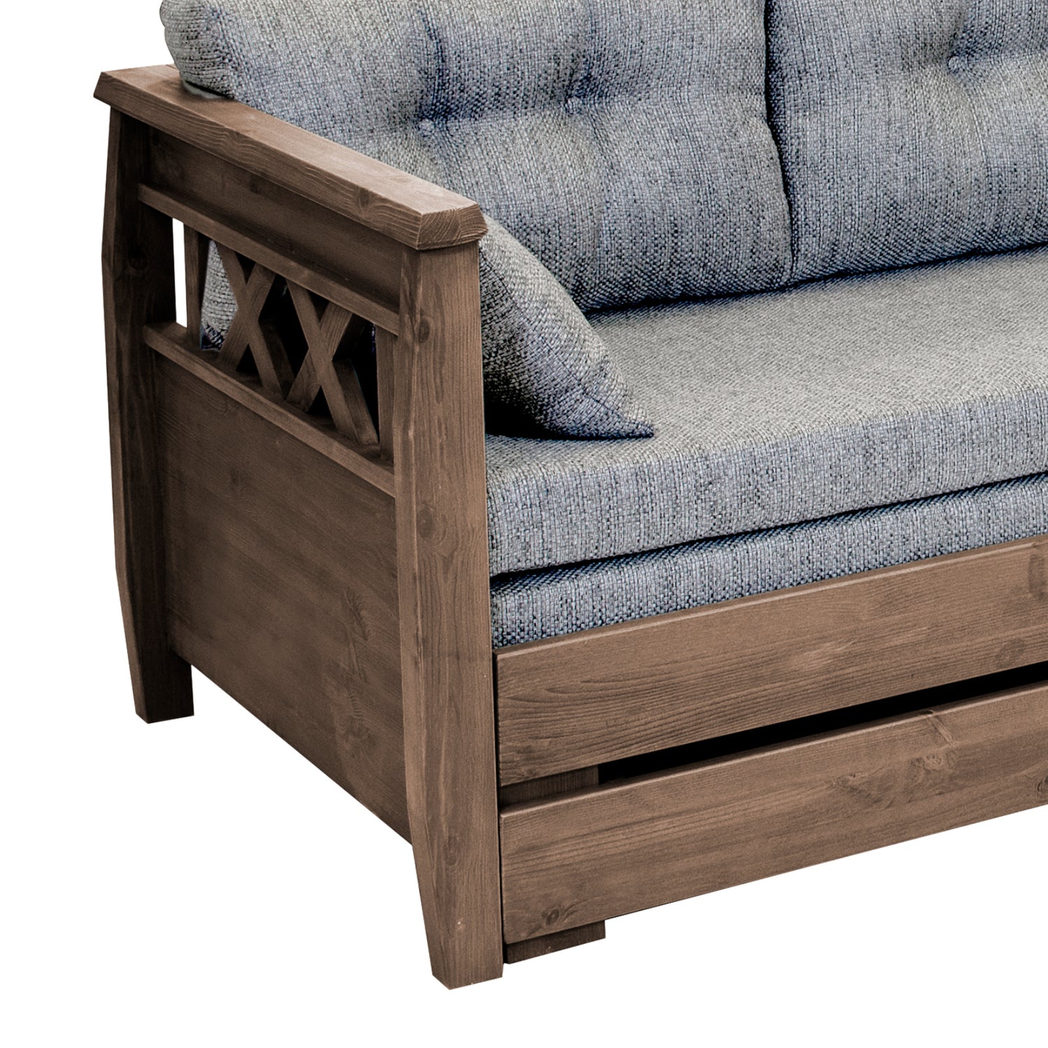 Reimari-laverisohva, ruskea. Kuvassa oleva vaaleanharmaa Hygge-kankainen Kolmi-patjasarja myydään erikseen.