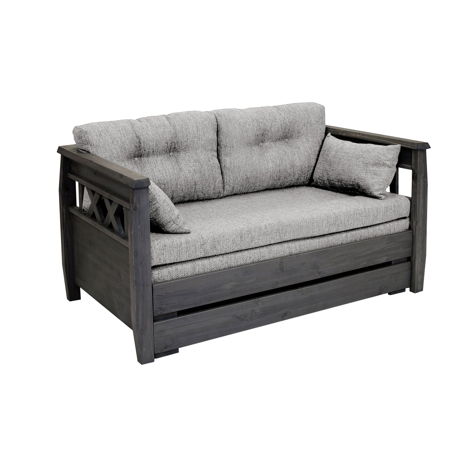 Reimari-laverisohva, harmaa. Kuvassa oleva beigenvärinen Hygge-kankainen Tupla-patjasarja myydään erikseen.