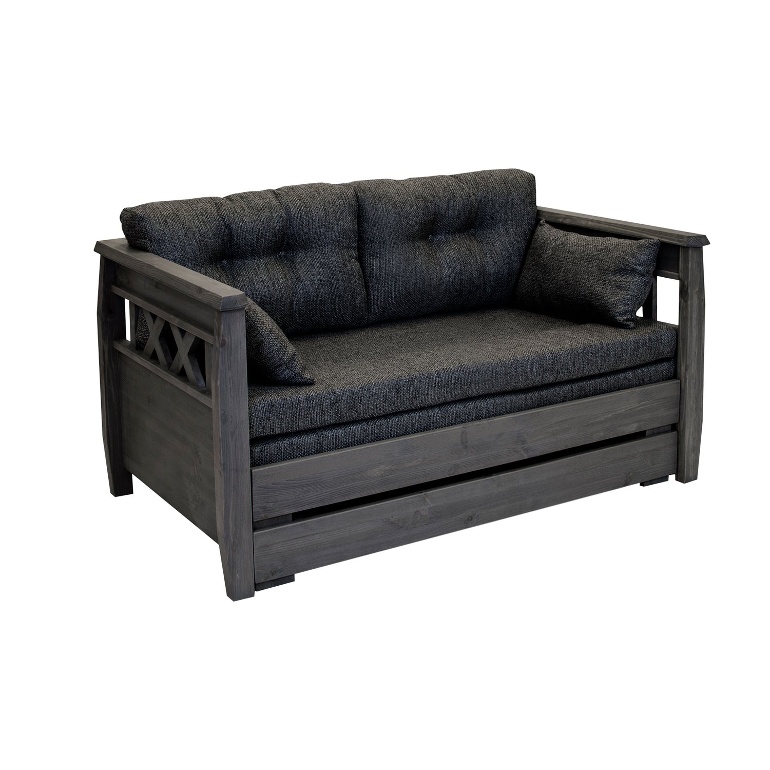 Harmaa Reimari-laverisohva tummanharmaalla Hygge-kankaisella Tupla-taittopatjasarjalla.