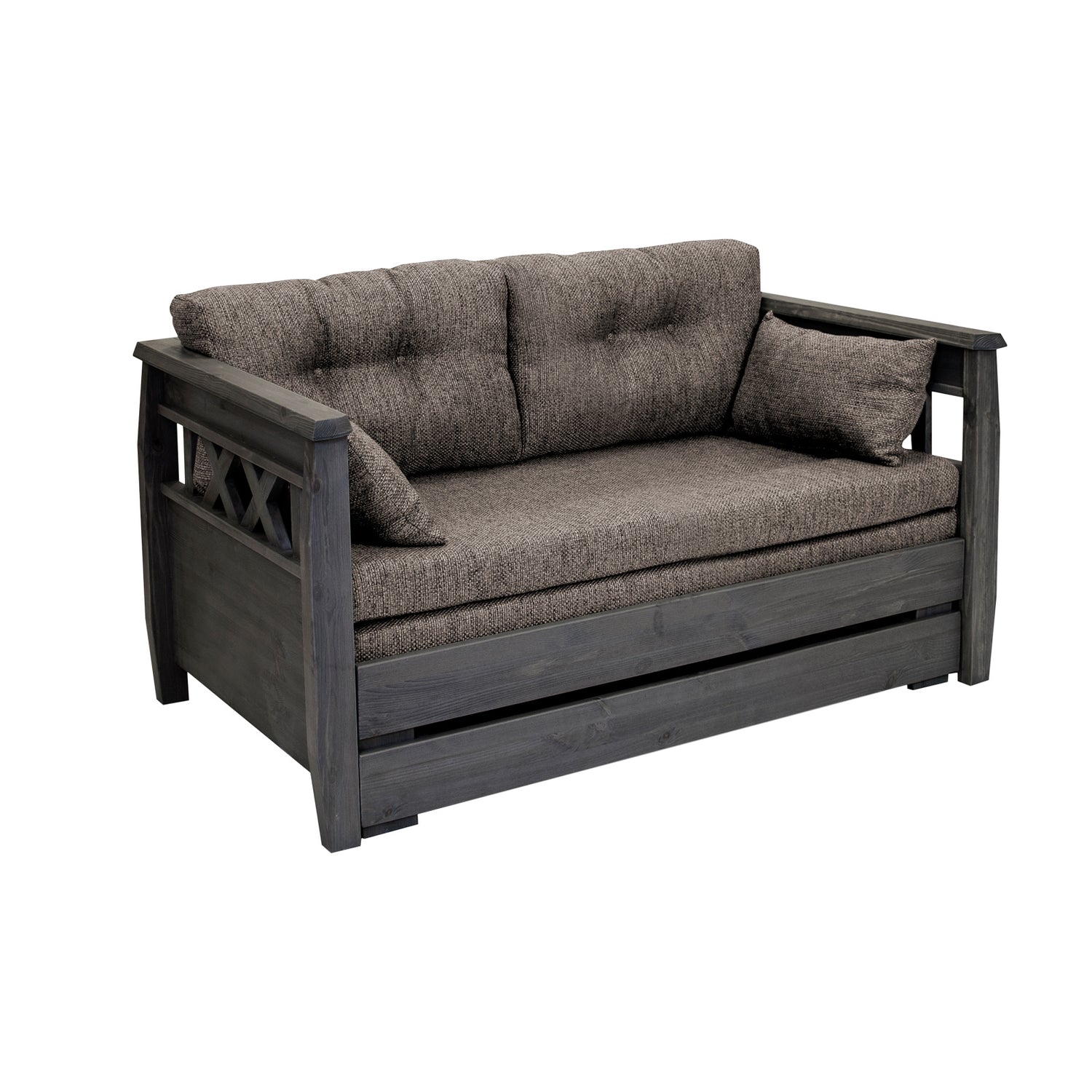 Harmaa Reimari-laverisohva ruskealla Hygge-kankaisella Tupla-taittopatjasarjalla.